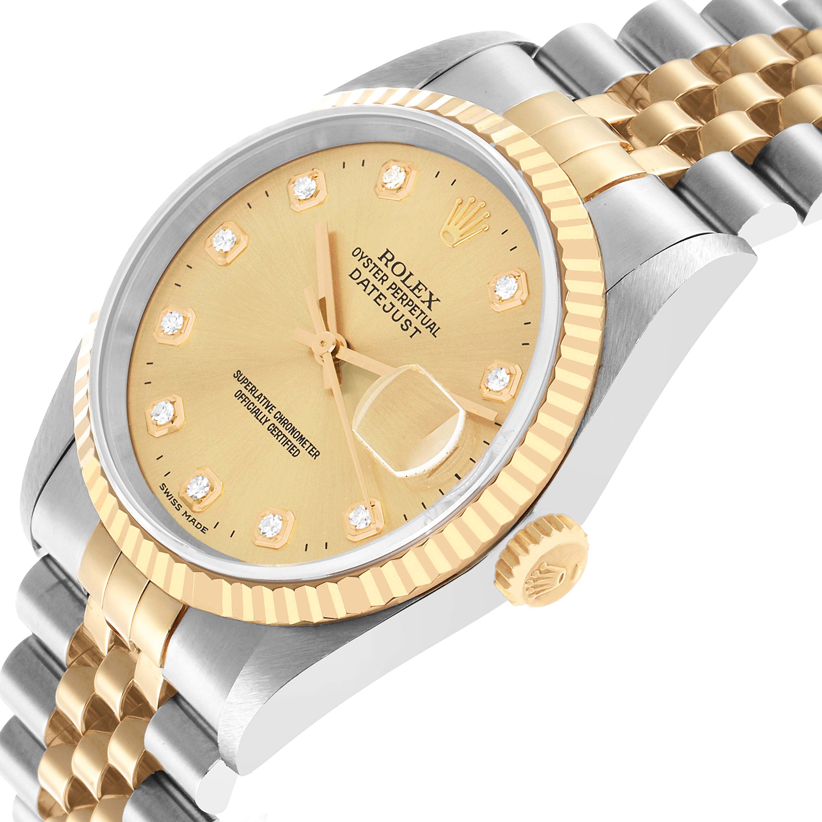The Rolex Datejust 16233 Men's Steel and Gold (two tone) Champagne Dial watch is shown from an oblique angle, highlighting the gold dial, fluted bezel, and jubilee bracelet.