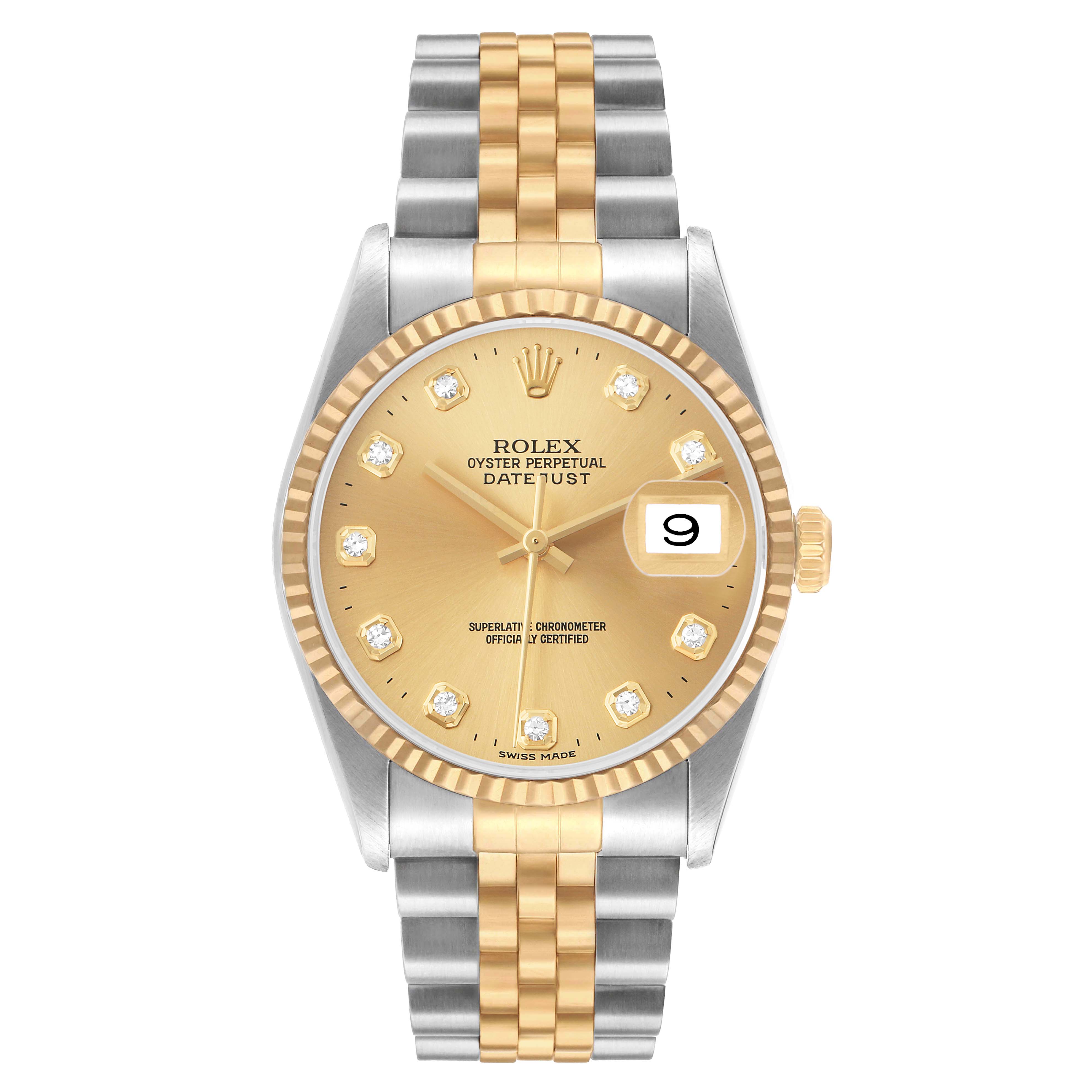 The Rolex Datejust 16233 Men's Steel and Gold (two tone) Champagne Dial watch is shown from a front view, highlighting its gold and silver jubilee bracelet, gold bezel, and diamond markers.