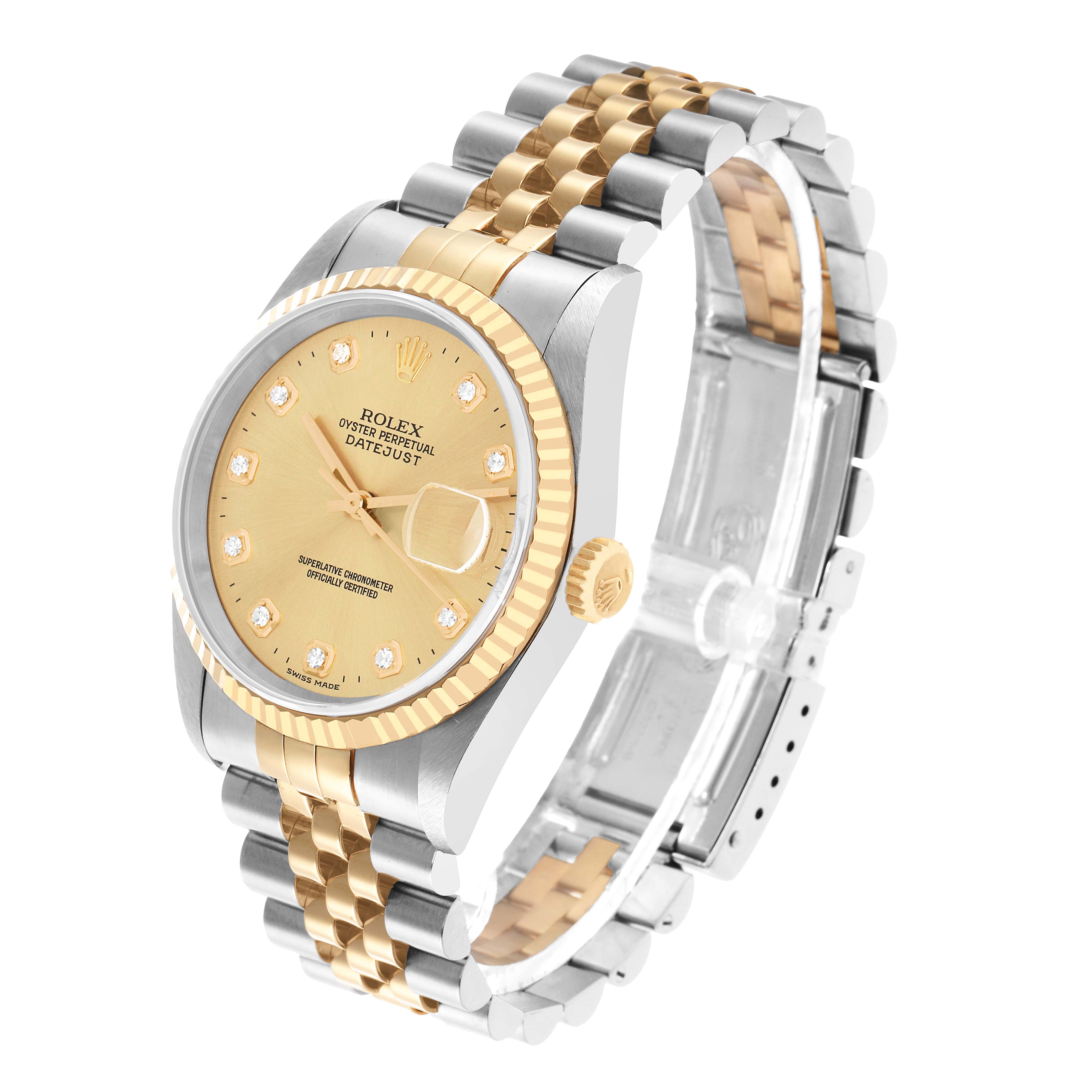 The Rolex Datejust 16233 Men's Steel and Gold (two tone) Champagne Dial watch is shown at a three-quarter angle, highlighting the dial, bezel, crown, and Jubilee bracelet.