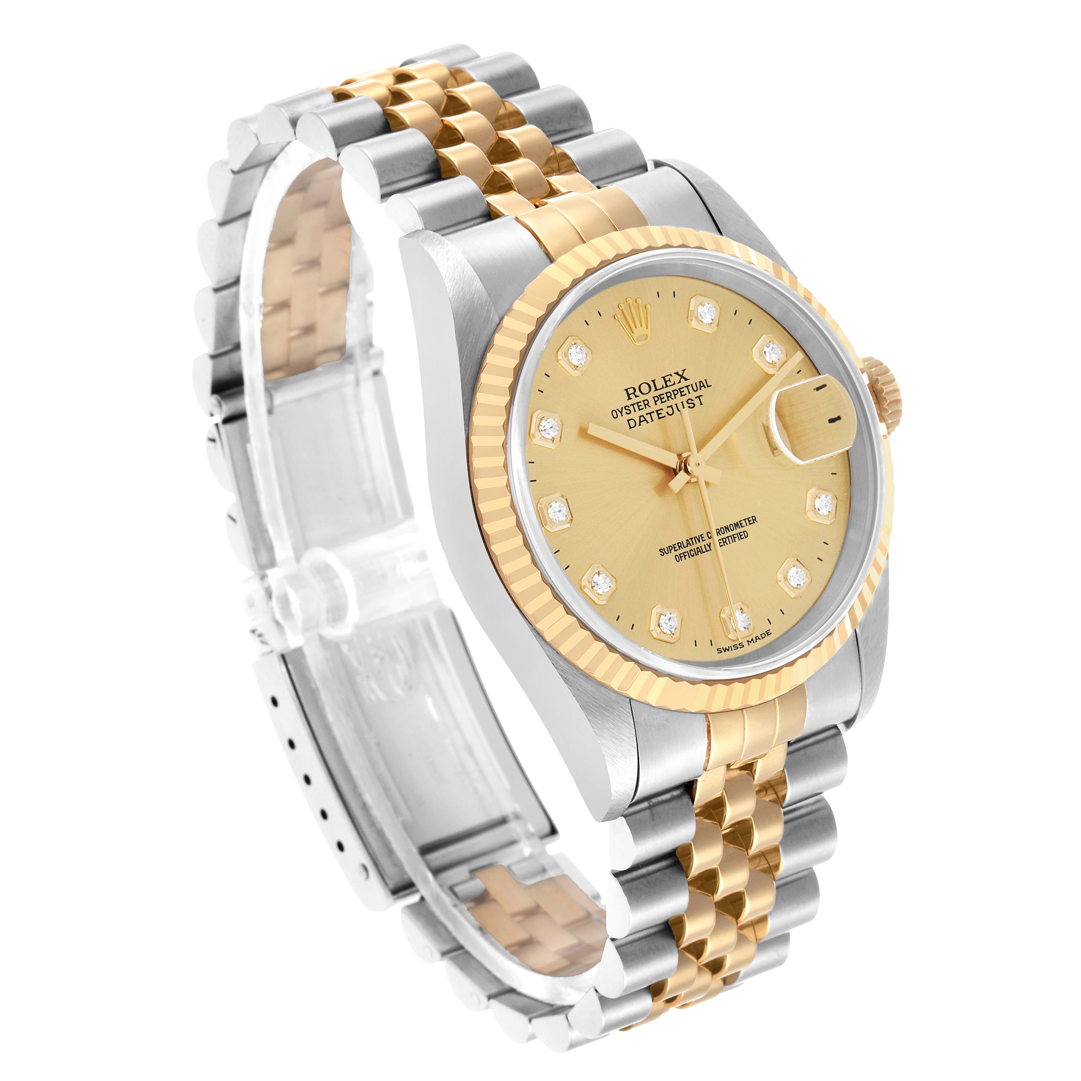 The Rolex Datejust 16233 Men's Steel and Gold (two tone) Champagne Dial watch is angled to show the full dial, bezel, and part of the bracelet.