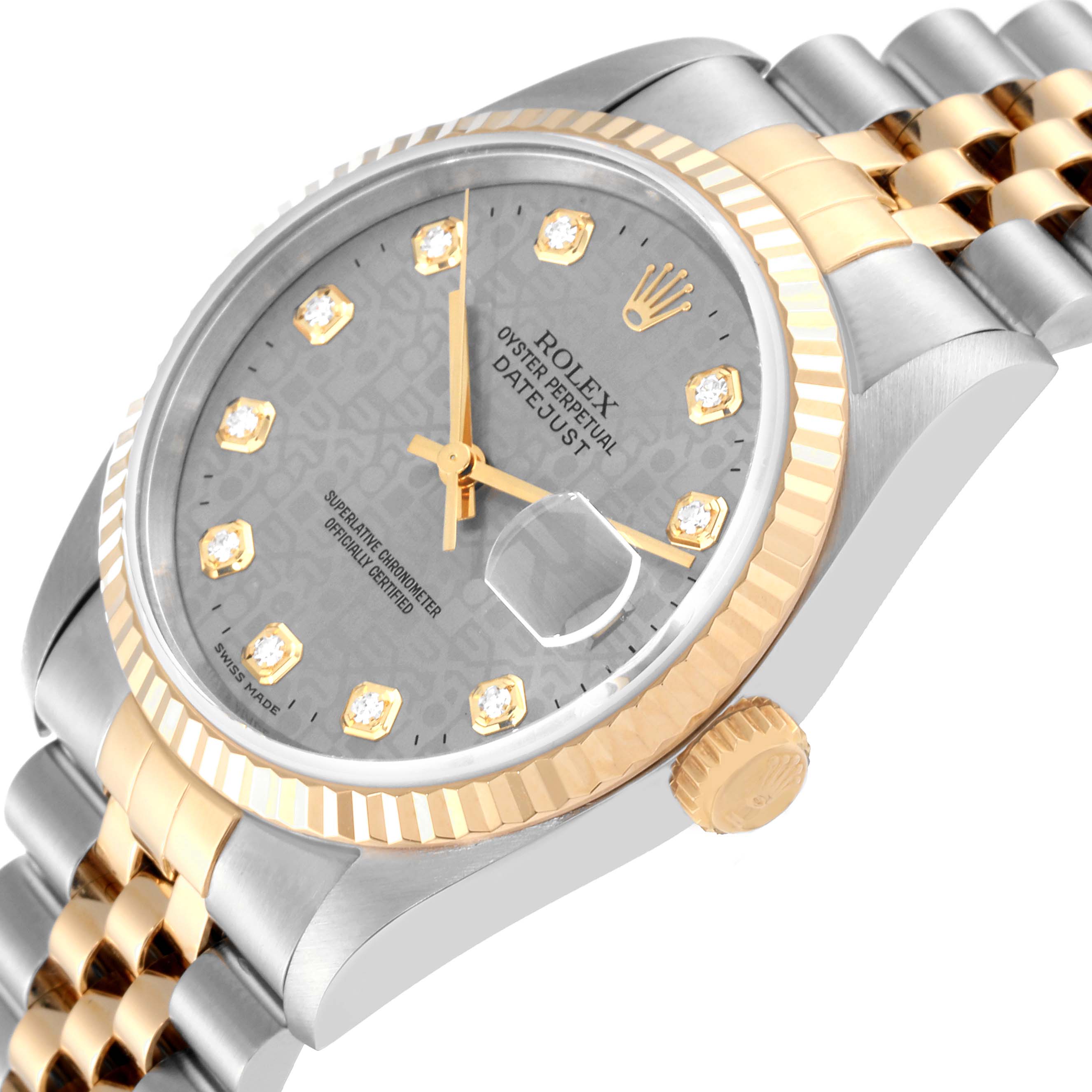 The Rolex Datejust 16233 Men's Steel and Gold (two tone) Silver Dial 16233 Men's Steel and Gold (two tone) Silver Dial watch is shown with an angled view highlighting its face, bezel, crown, and part of the bracelet.
