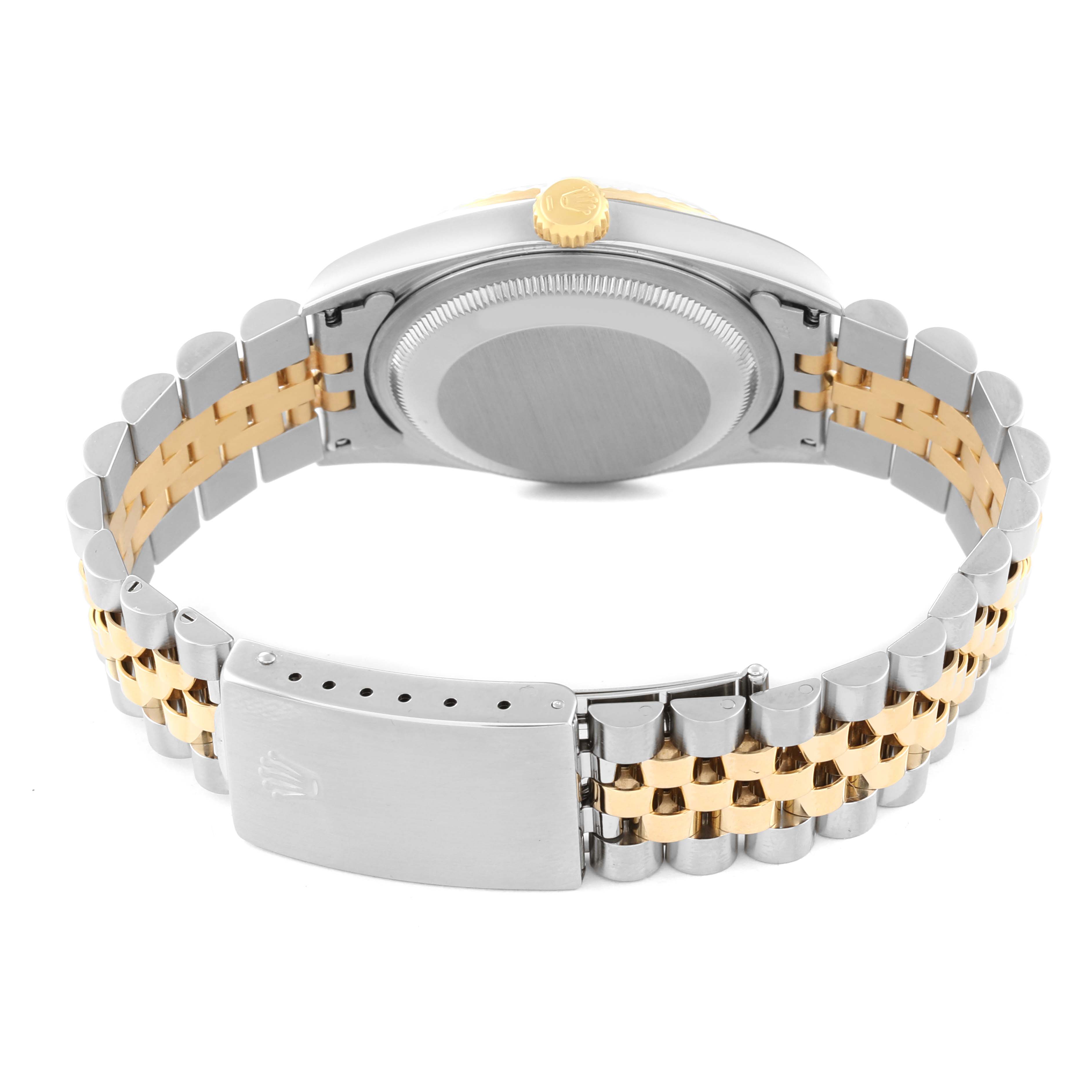 The image shows the back and bracelet of a Rolex Datejust 16233 Men's Steel and Gold (two tone) Silver Dial 16233 Men's Steel and Gold (two tone) Silver Dial, highlighting its two-tone metal design and clasp.