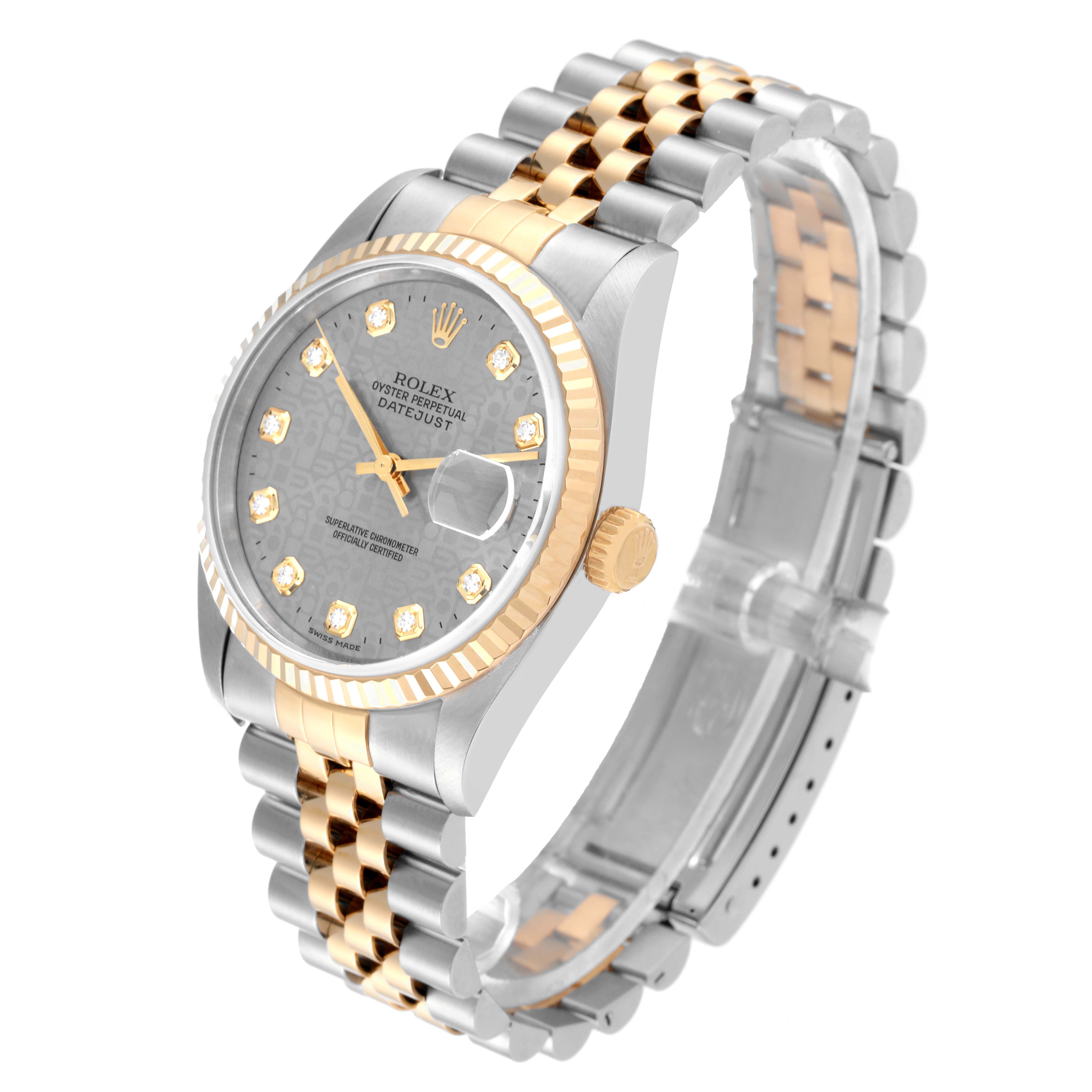 This image shows a side-angle view of a Rolex Datejust 16233 Men's Steel and Gold (two tone) Silver Dial 16233 Men's Steel and Gold (two tone) Silver Dial watch, highlighting its face, bezel, crown, and two-tone bracelet.