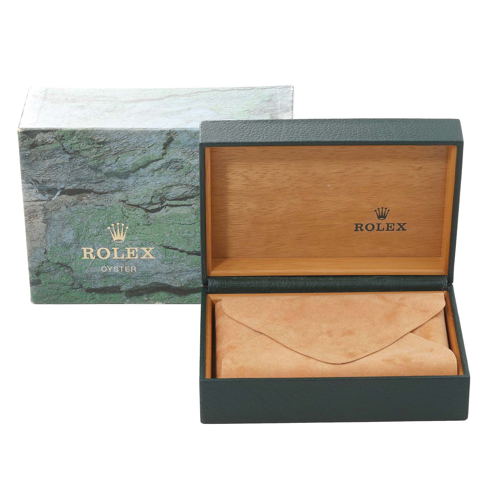 The image shows the packaging and box of a Rolex Datejust 16233 Men's Steel and Gold (two tone) Silver Dial 16233 Men's Steel and Gold (two tone) Silver Dial watch, including an outer box and an inner wooden box with suede lining.