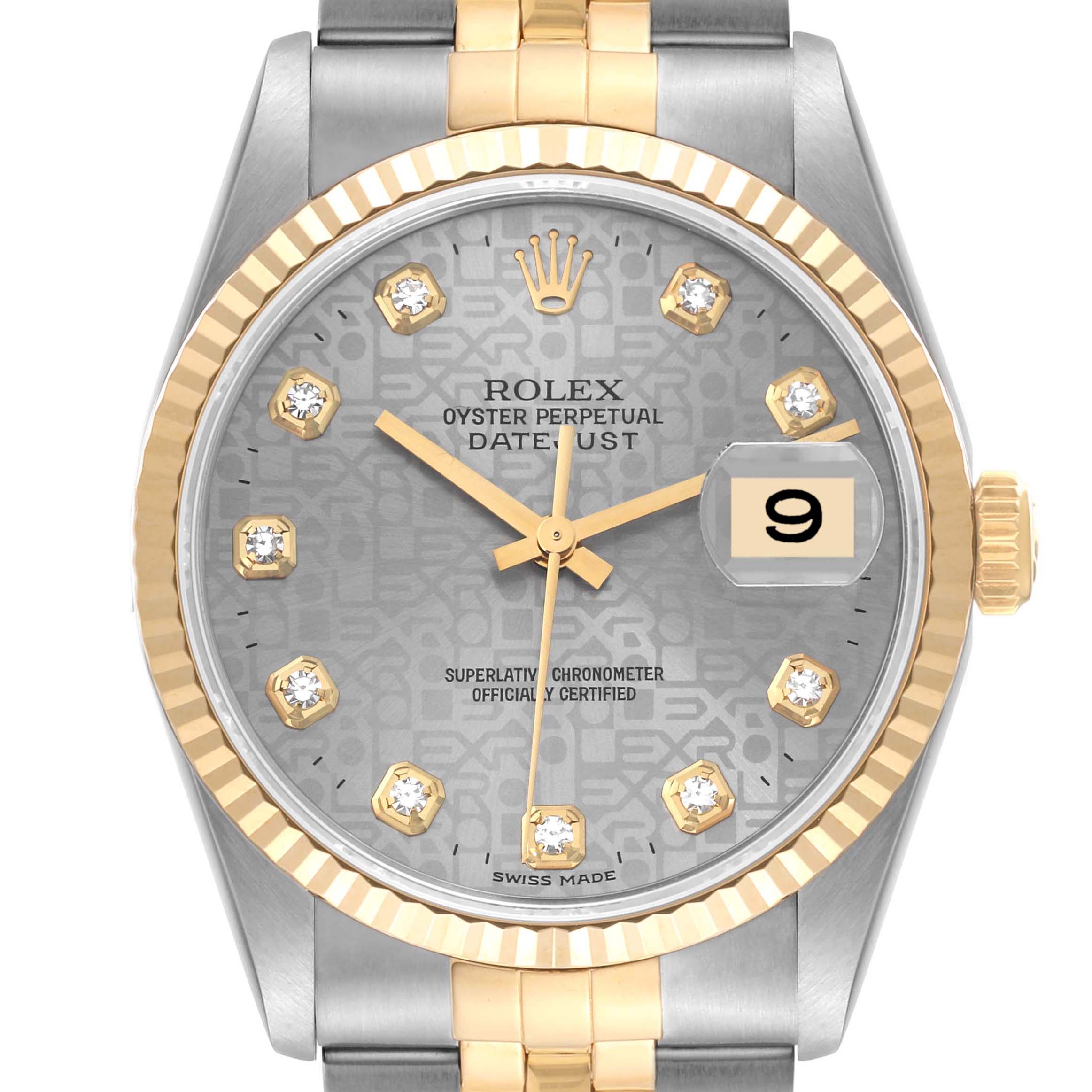 This image shows a Rolex Datejust 16233 Men's Steel and Gold (two tone) Silver Dial 16233 Men's Steel and Gold (two tone) Silver Dial watch, viewed from the front, highlighting its dial, date window, and part of the bracelet.