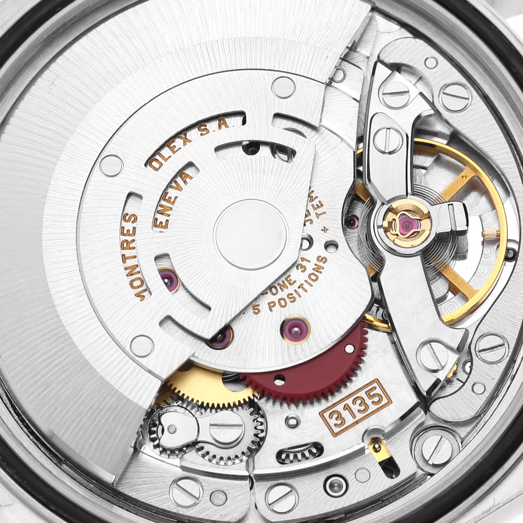 The image shows the internal movement mechanism of a Rolex Datejust 16233 Men's Steel and Gold (two tone) Silver Dial 16233 Men's Steel and Gold (two tone) Silver Dial watch, viewed from the back.