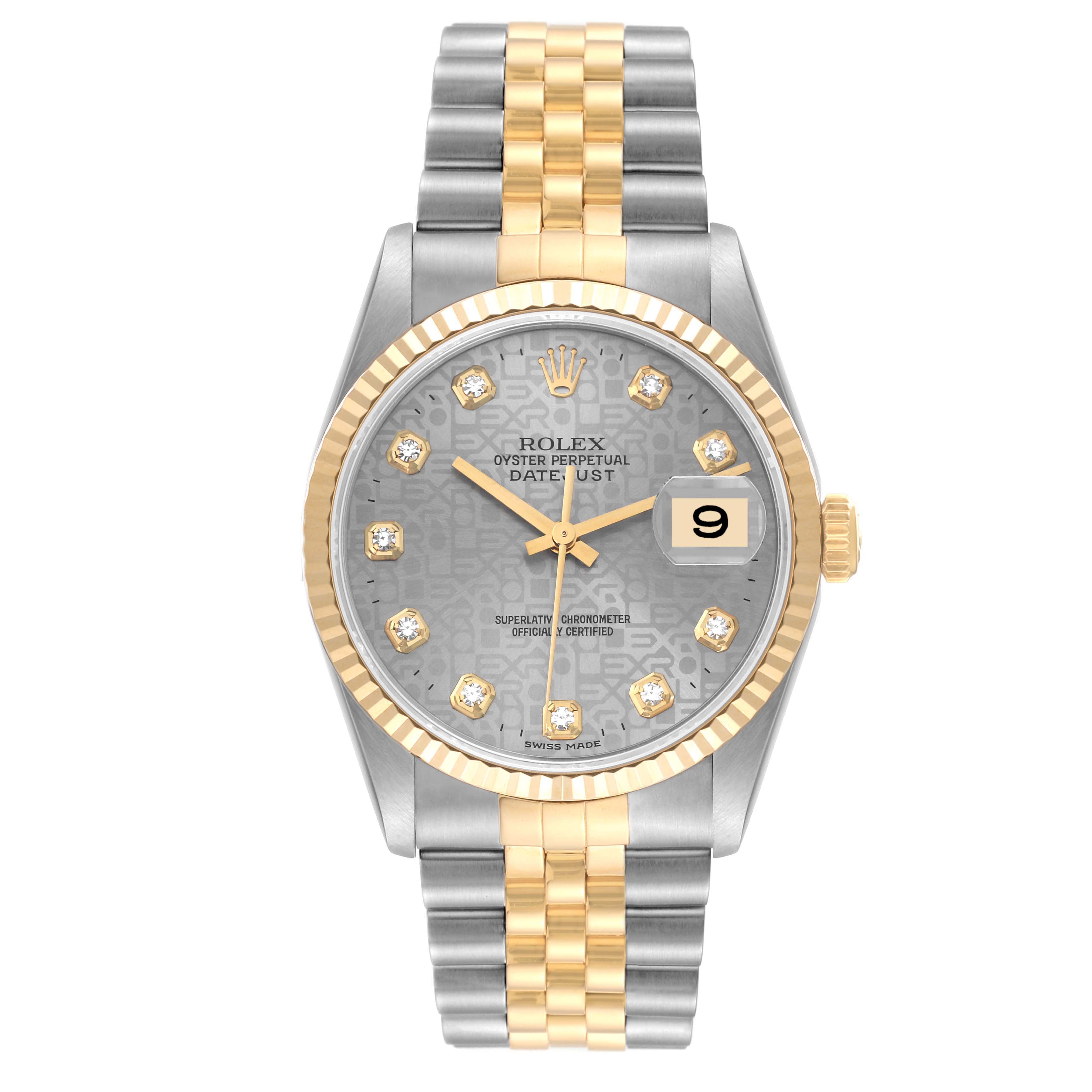 The image shows a frontal view of a Datejust Rolex watch, highlighting the bezel, dial, bracelet, and date display.