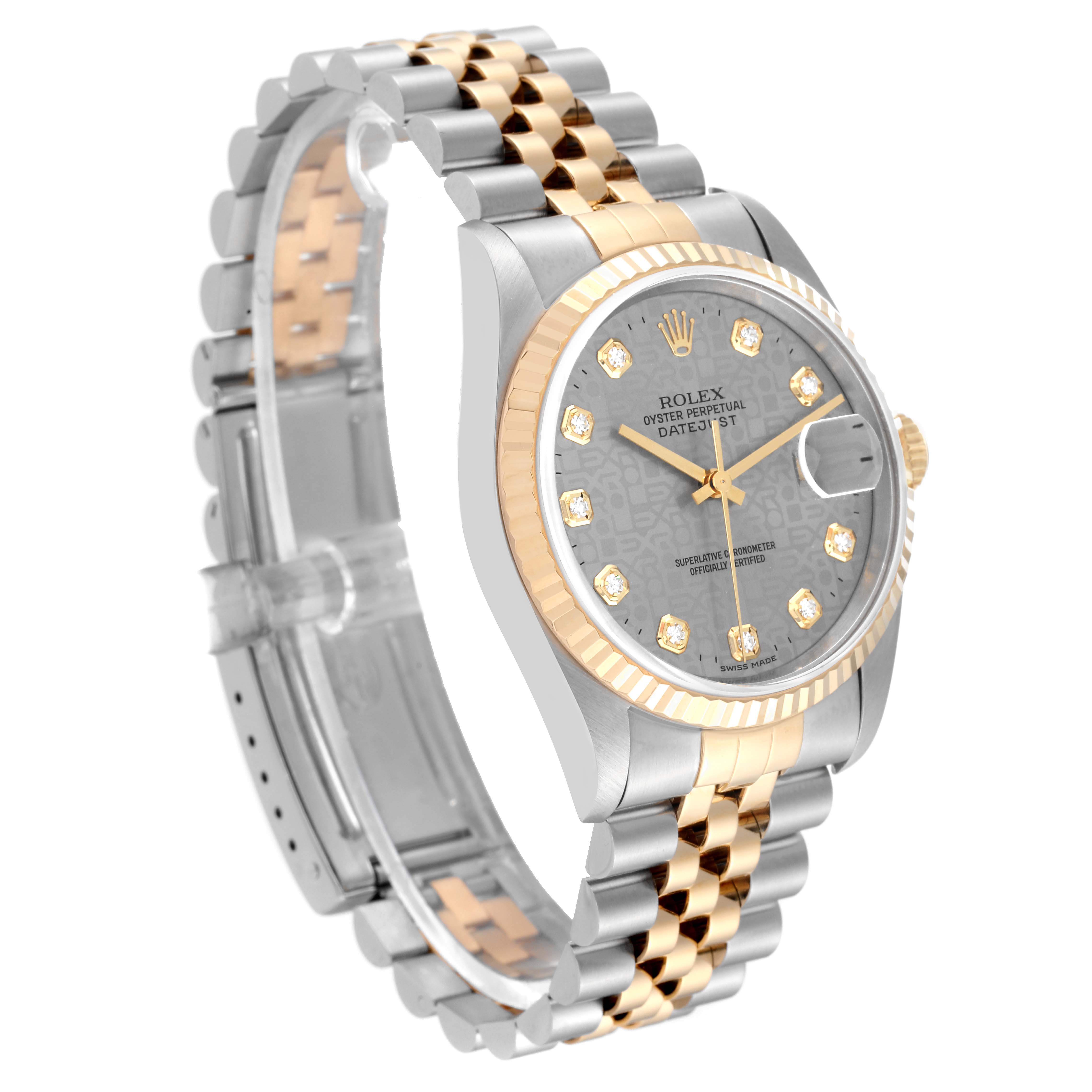 The Rolex Datejust 16233 Men's Steel and Gold (two tone) Silver Dial 16233 Men's Steel and Gold (two tone) Silver Dial watch is shown at an angle highlighting the face, bezel, and two-tone bracelet.