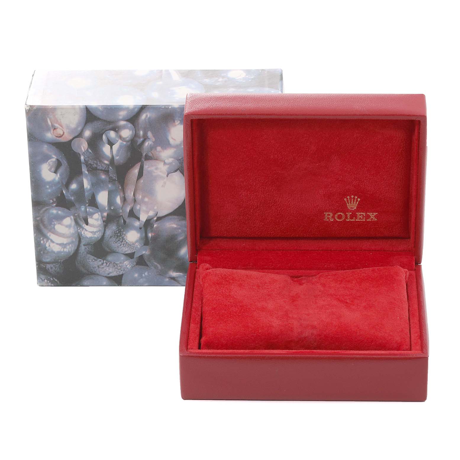 The image shows a red Rolex Datejust 69173 Women's Steel and Gold (two tone) Champagne Dial 69173 Women's Steel and Gold (two tone) Champagne Dial watch box with the lid open, revealing the interior cushion and an outer decorative box.