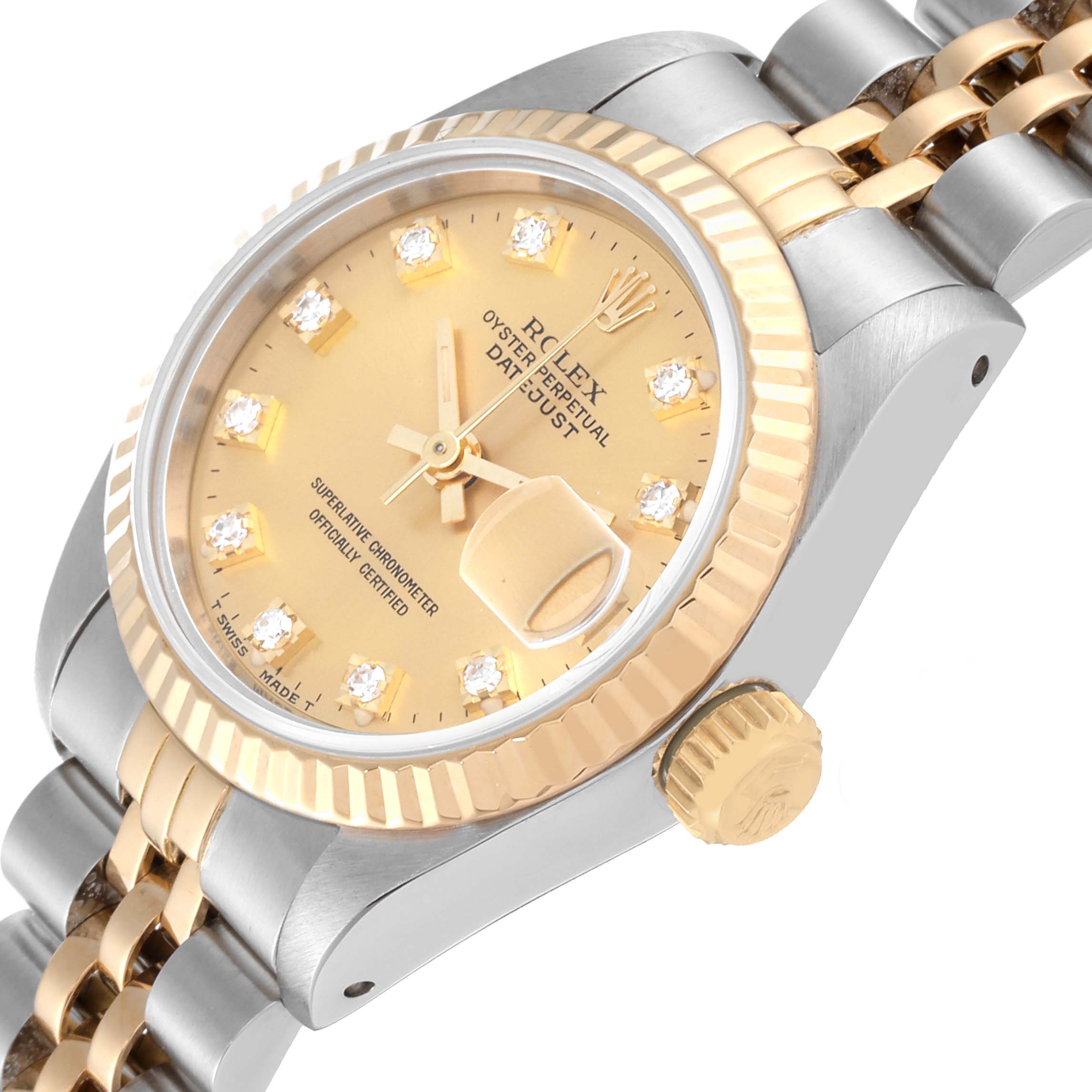 The image shows a close-up angle of the Rolex Datejust 69173 Women's Steel and Gold (two tone) Champagne Dial 69173 Women's Steel and Gold (two tone) Champagne Dial watch, highlighting the dial, bezel, crown, and part of the bracelet.