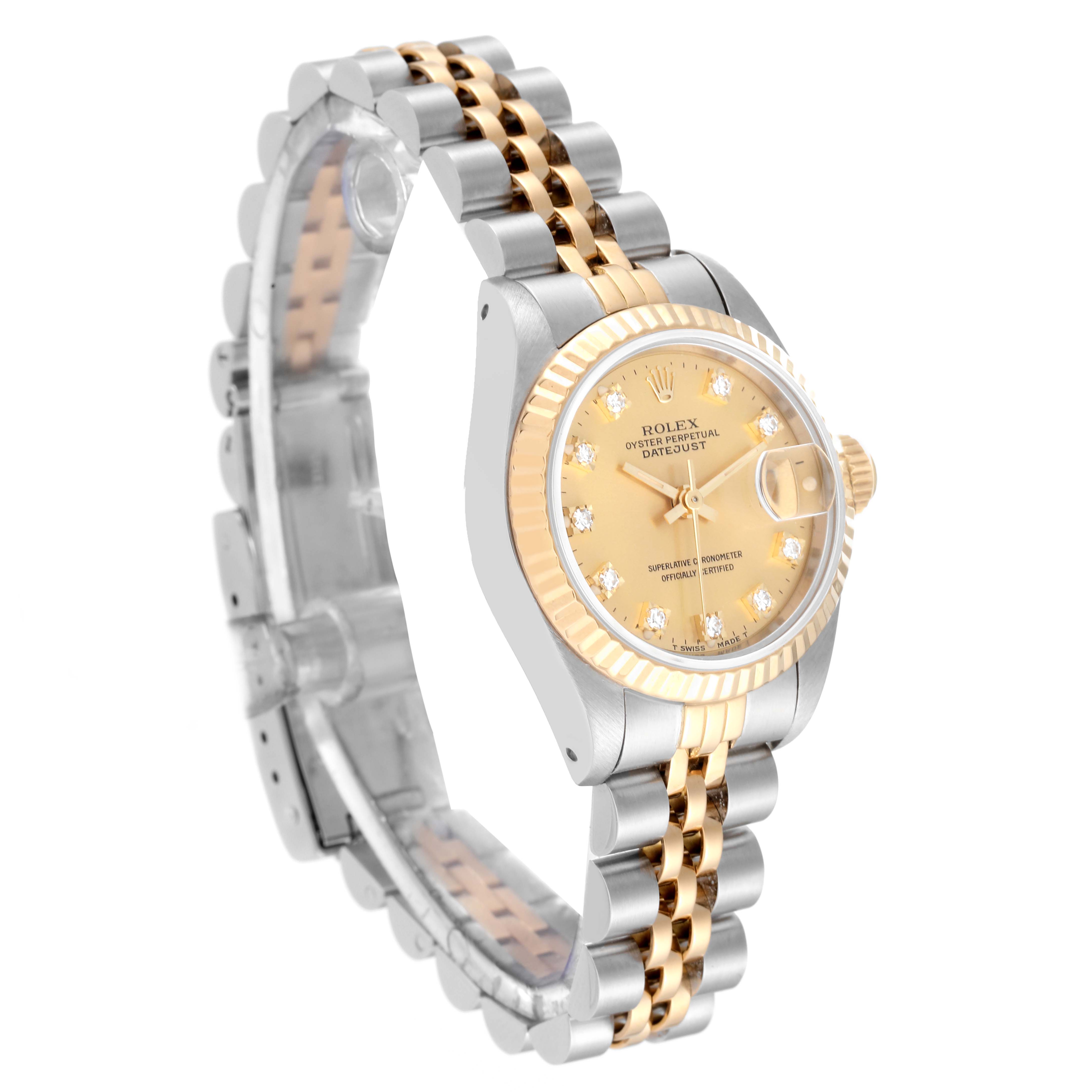 This image shows a side angle of a Rolex Datejust 69173 Women's Steel and Gold (two tone) Champagne Dial 69173 Women's Steel and Gold (two tone) Champagne Dial, displaying its dial, bezel, and two-tone bracelet.