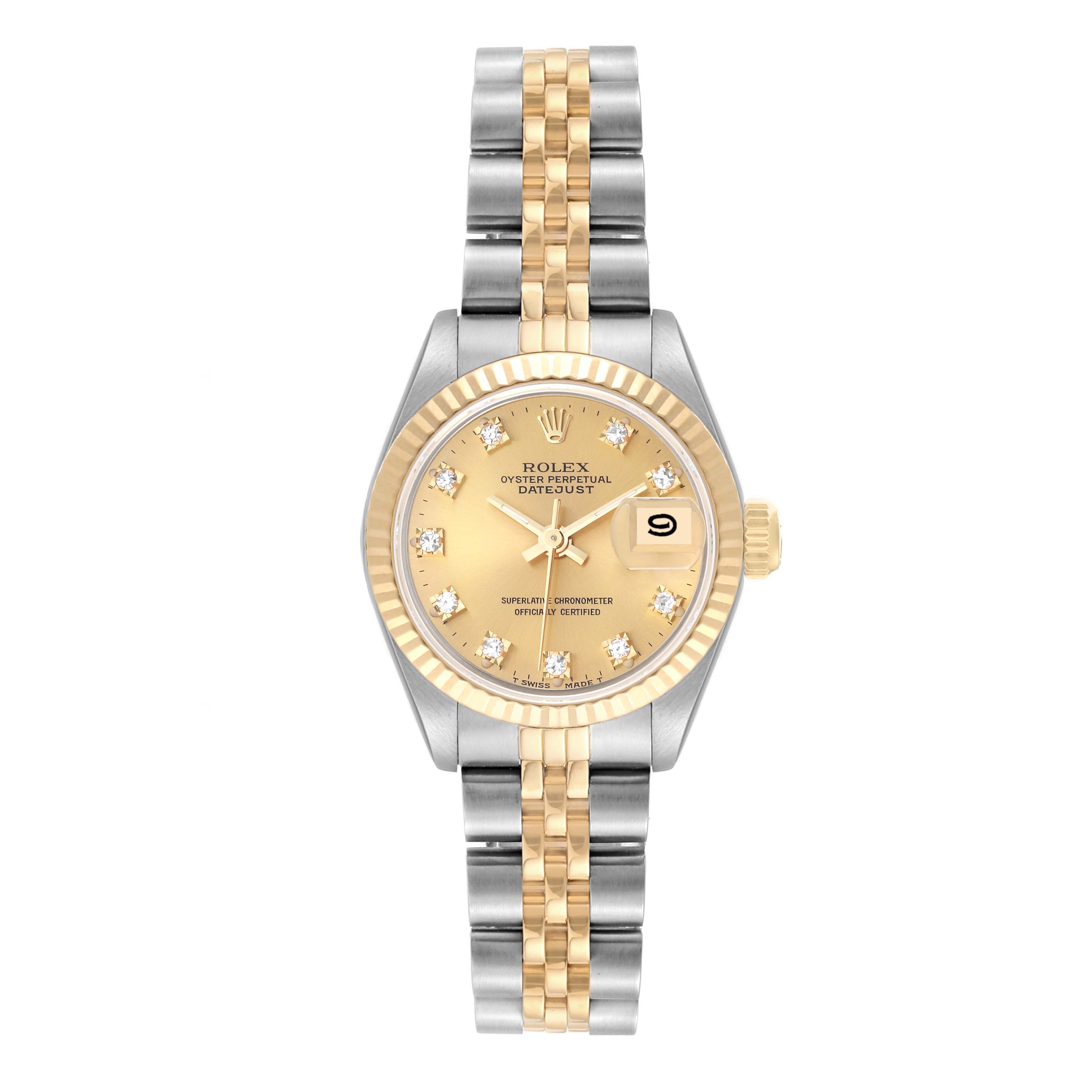 This image shows a Rolex Datejust 69173 Women's Steel and Gold (two tone) Champagne Dial 69173 Women's Steel and Gold (two tone) Champagne Dial watch from the front angle, highlighting its two-tone bracelet and gold dial with a date window.
