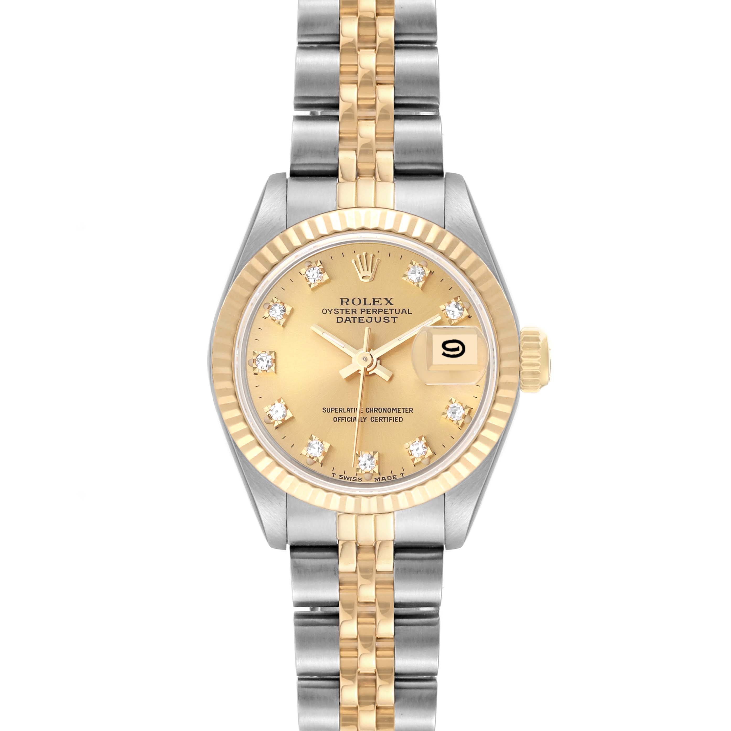 The Rolex Datejust 69173 Women's Steel and Gold (two tone) Champagne Dial 69173 Women's Steel and Gold (two tone) Champagne Dial watch is shown from a front angle, displaying the dial, bezel, and bracelet.