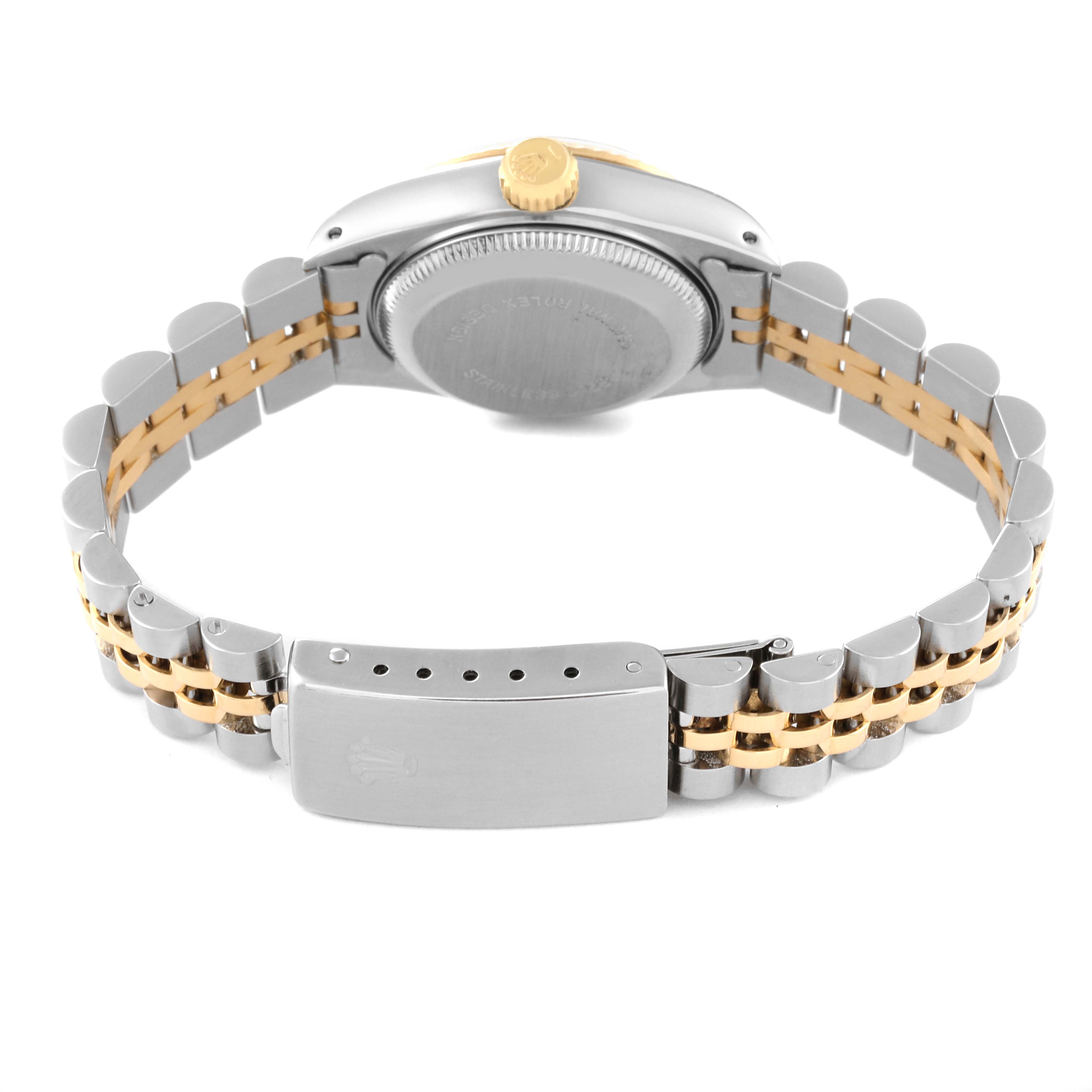 This image shows the back view of a Rolex Datejust 69173 Women's Steel and Gold (two tone) Champagne Dial 69173 Women's Steel and Gold (two tone) Champagne Dial watch, highlighting its clasp, case back, and two-tone bracelet.