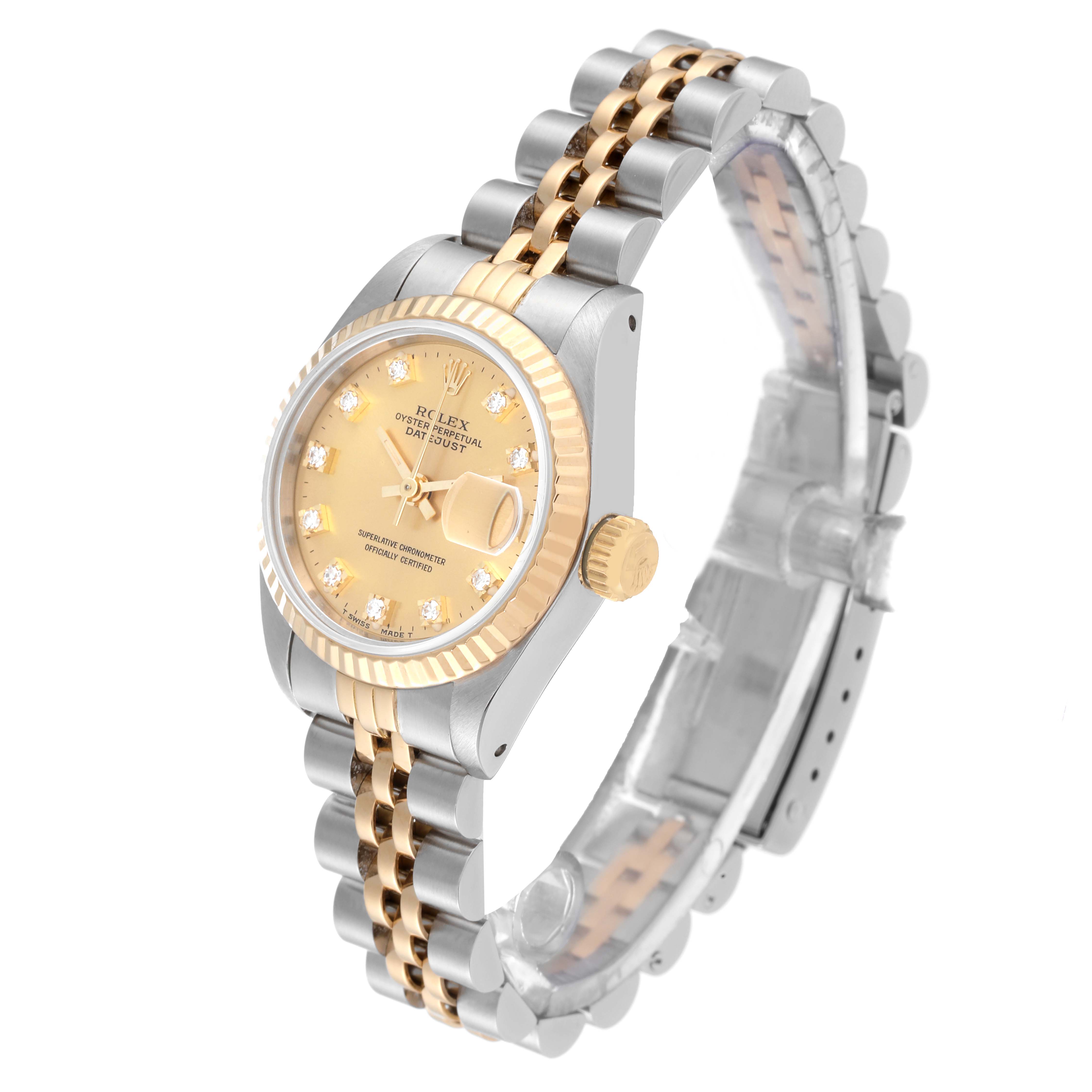 The image shows a Rolex Datejust 69173 Women's Steel and Gold (two tone) Champagne Dial 69173 Women's Steel and Gold (two tone) Champagne Dial watch from a three-quarter angle, highlighting the dial, bezel, and Jubilee bracelet in gold and silver.