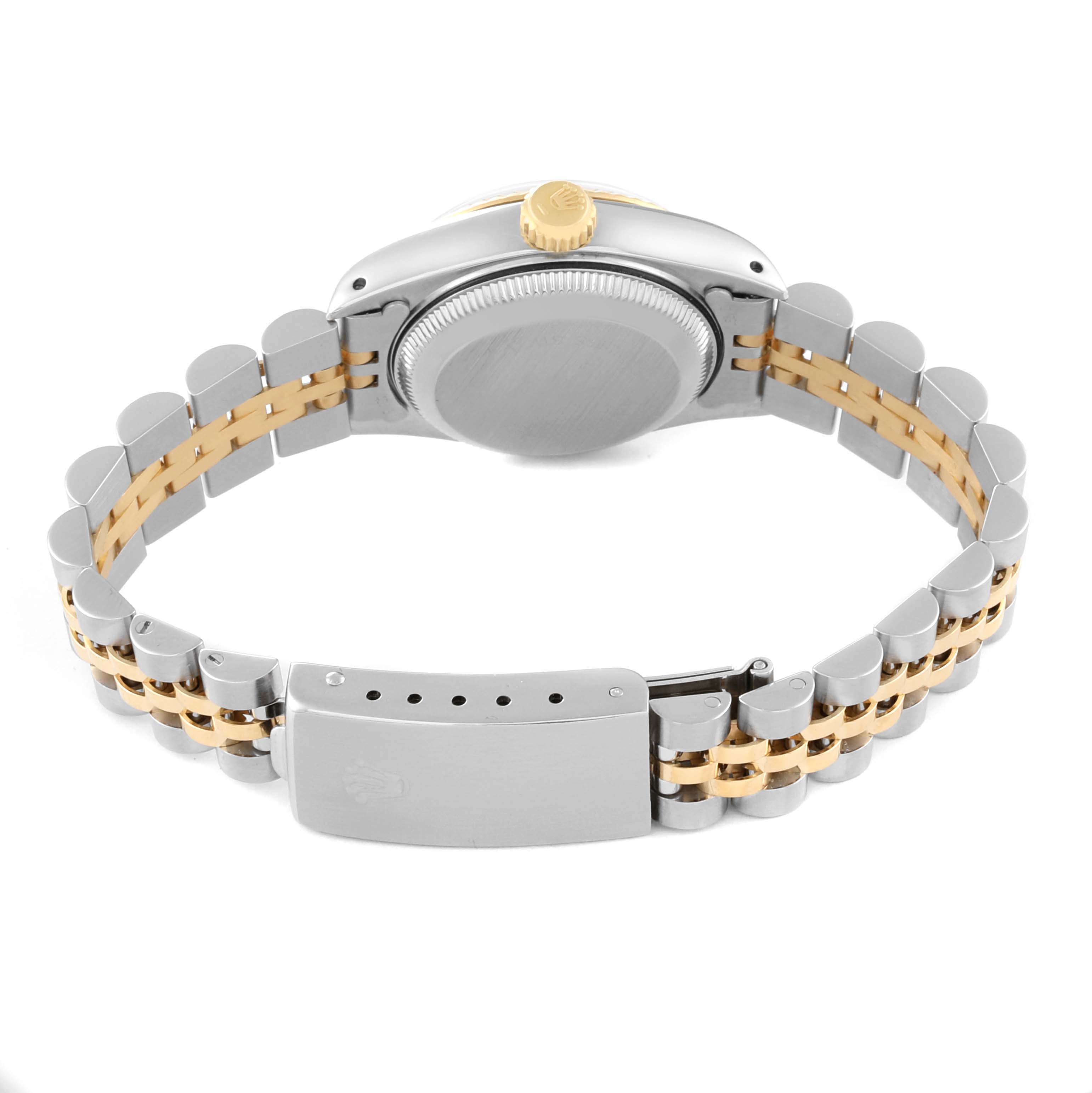 The image shows the back of a Rolex Datejust 69173 Women's Steel and Gold (two tone) Champagne Dial 69173 Women's Steel and Gold (two tone) Champagne Dial watch, focusing on the case back, crown, and two-tone bracelet with a clasp.