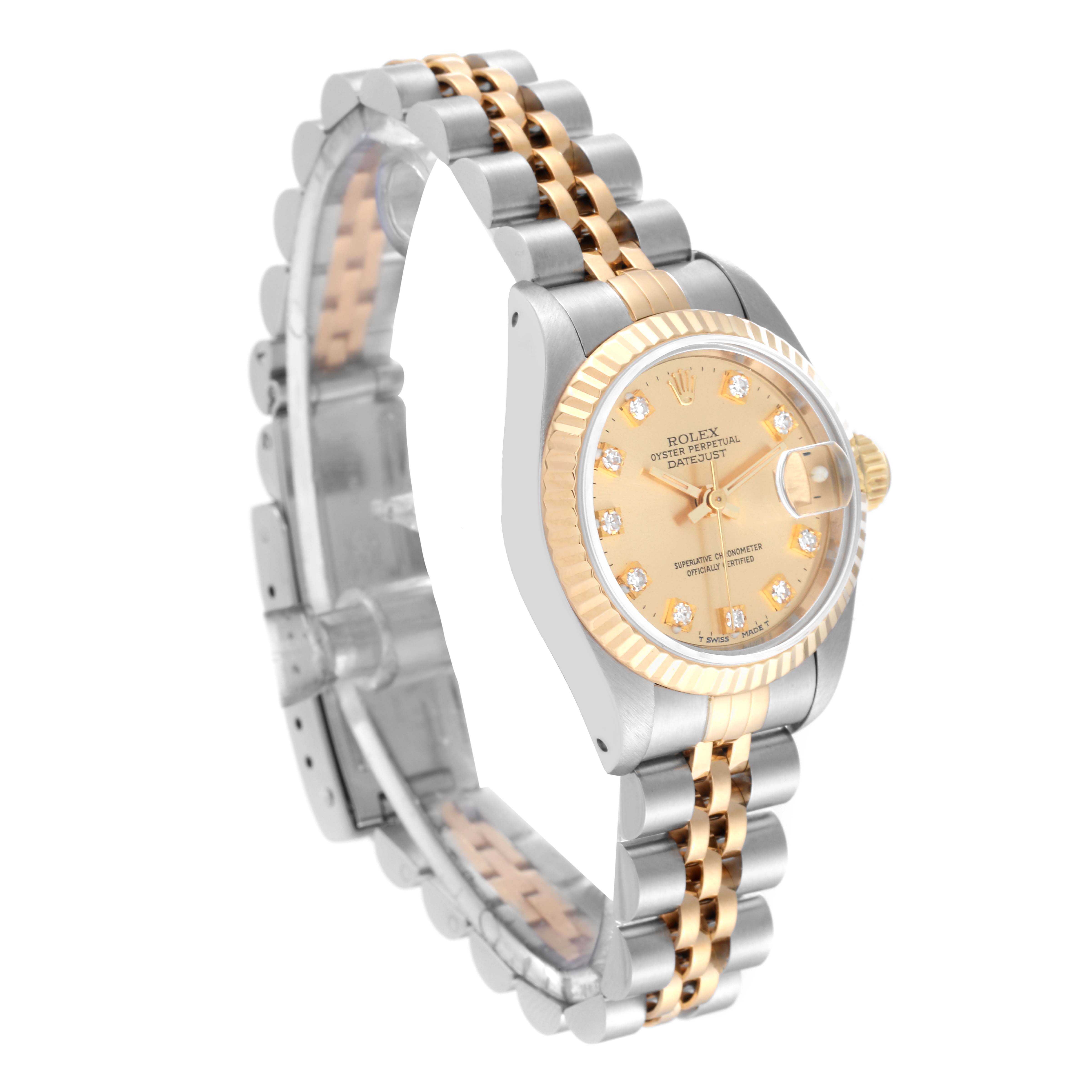 This image shows the side angle of a Rolex Datejust 69173 Women's Steel and Gold (two tone) Champagne Dial 69173 Women's Steel and Gold (two tone) Champagne Dial watch, highlighting its two-tone bracelet and fluted bezel.