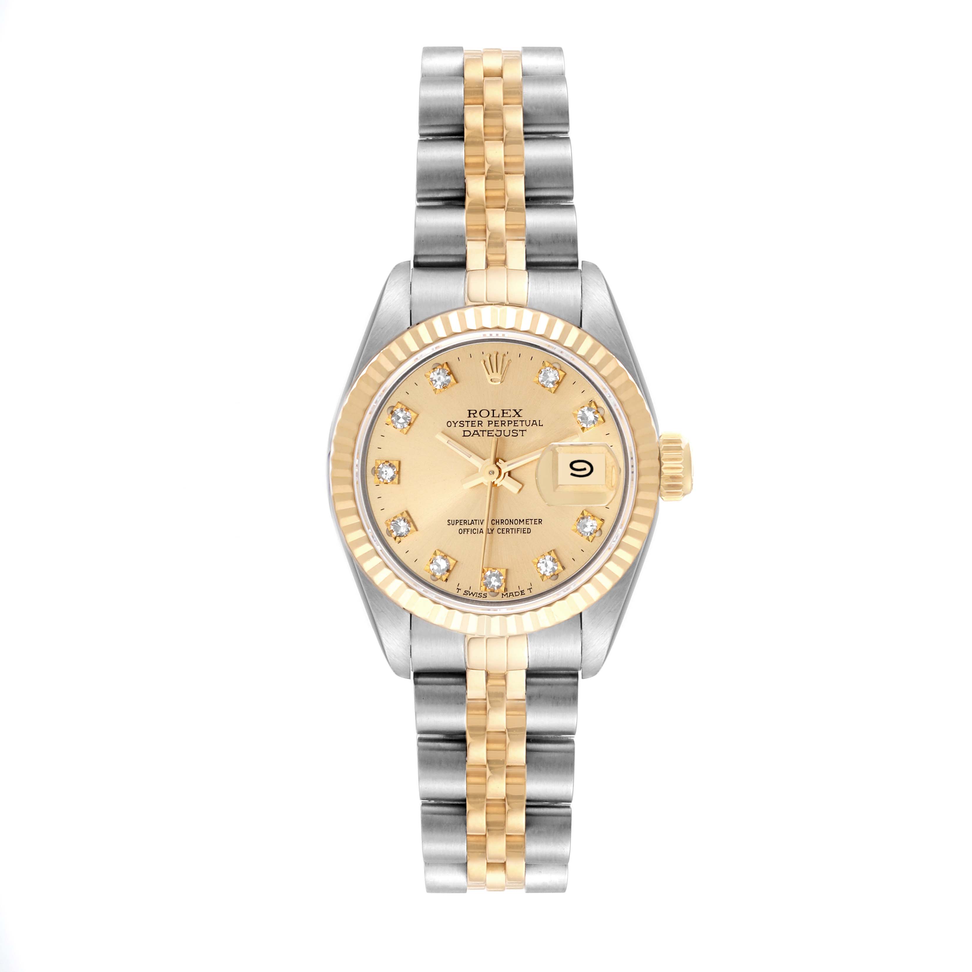 This Rolex Datejust 69173 Women's Steel and Gold (two tone) Champagne Dial 69173 Women's Steel and Gold (two tone) Champagne Dial watch is shown from the front angle, highlighting its two-tone bracelet, gold dial, diamond hour markers, and date display.