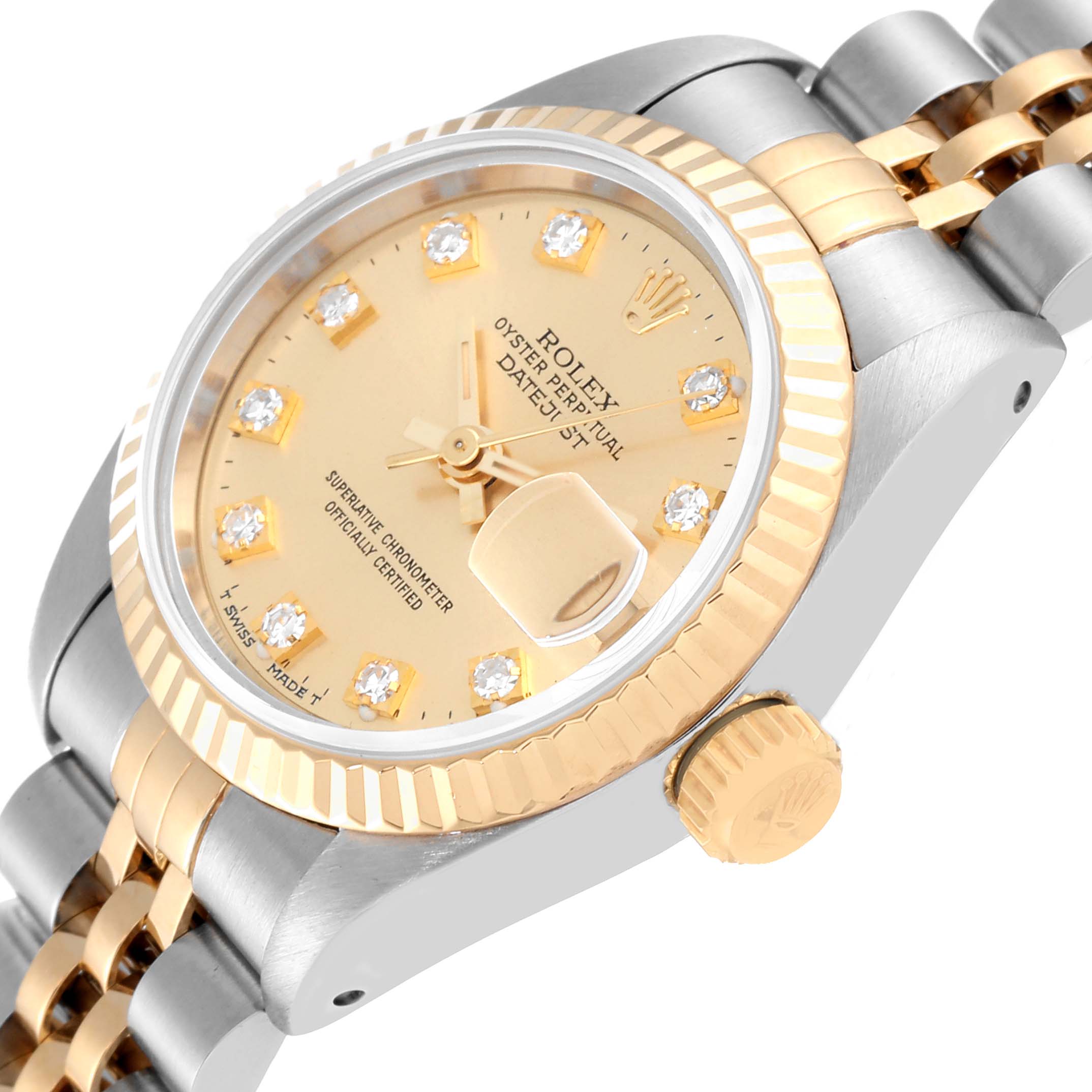 The image shows a side-angled view of a Rolex Datejust 69173 Women's Steel and Gold (two tone) Champagne Dial 69173 Women's Steel and Gold (two tone) Champagne Dial watch, highlighting its bezel, crown, dial, and part of the bracelet.