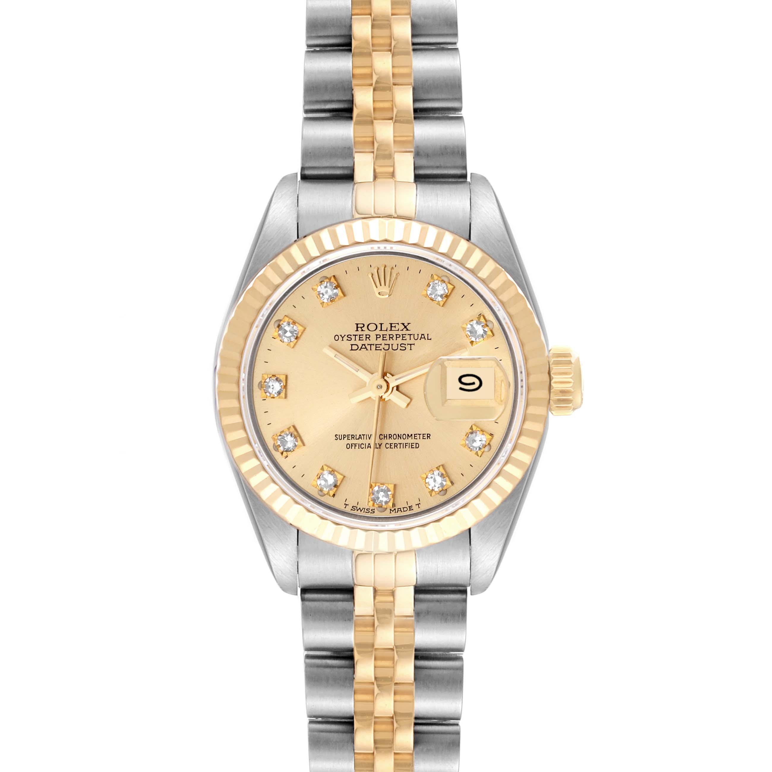 The image shows a front view of a Rolex Datejust 69173 Women's Steel and Gold (two tone) Champagne Dial 69173 Women's Steel and Gold (two tone) Champagne Dial watch, highlighting its two-tone bracelet, fluted bezel, and date window.