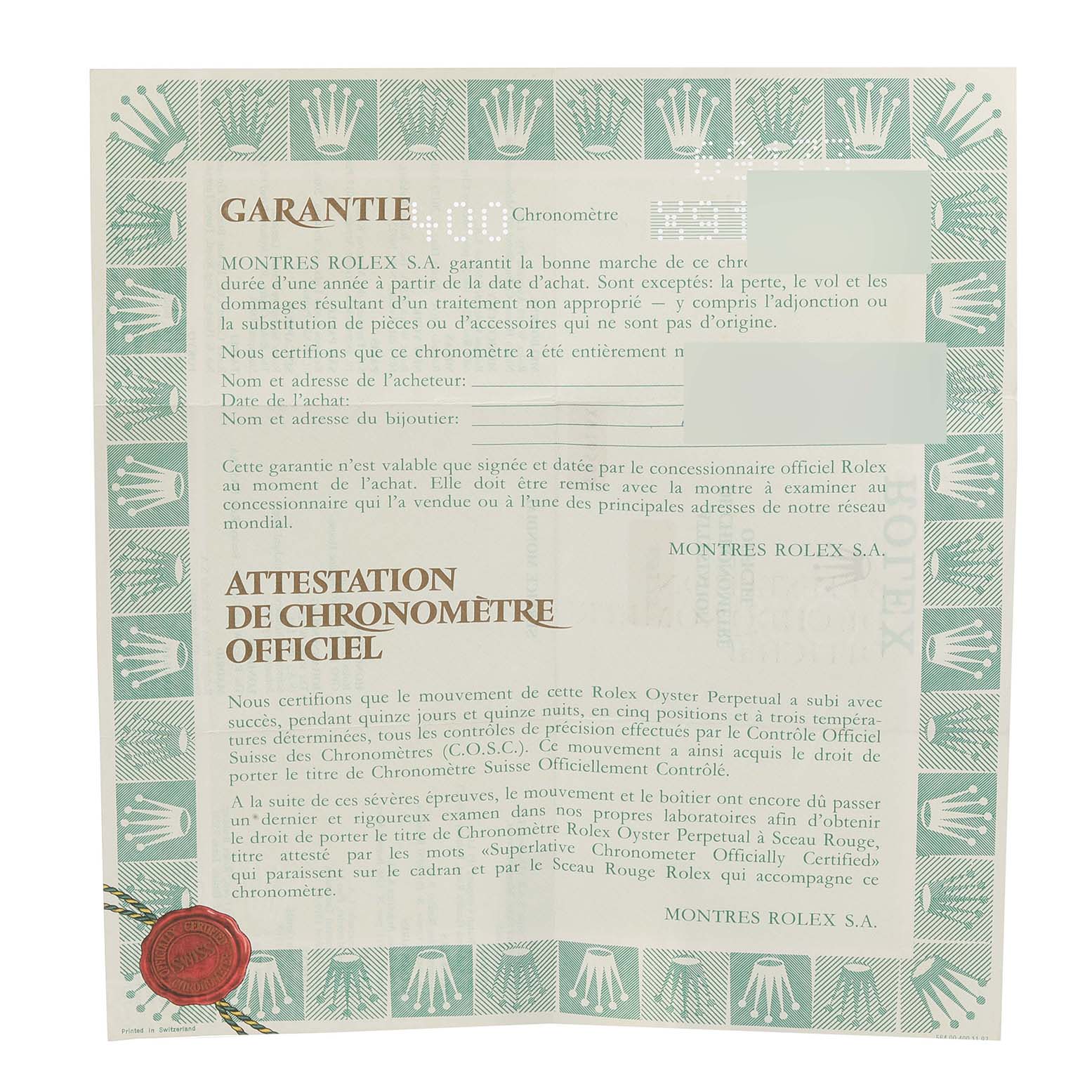 The image shows a close-up view of a Rolex Datejust 69173 Women's Steel and Gold (two tone) Champagne Dial 69173 Women's Steel and Gold (two tone) Champagne Dial warranty and certification document.