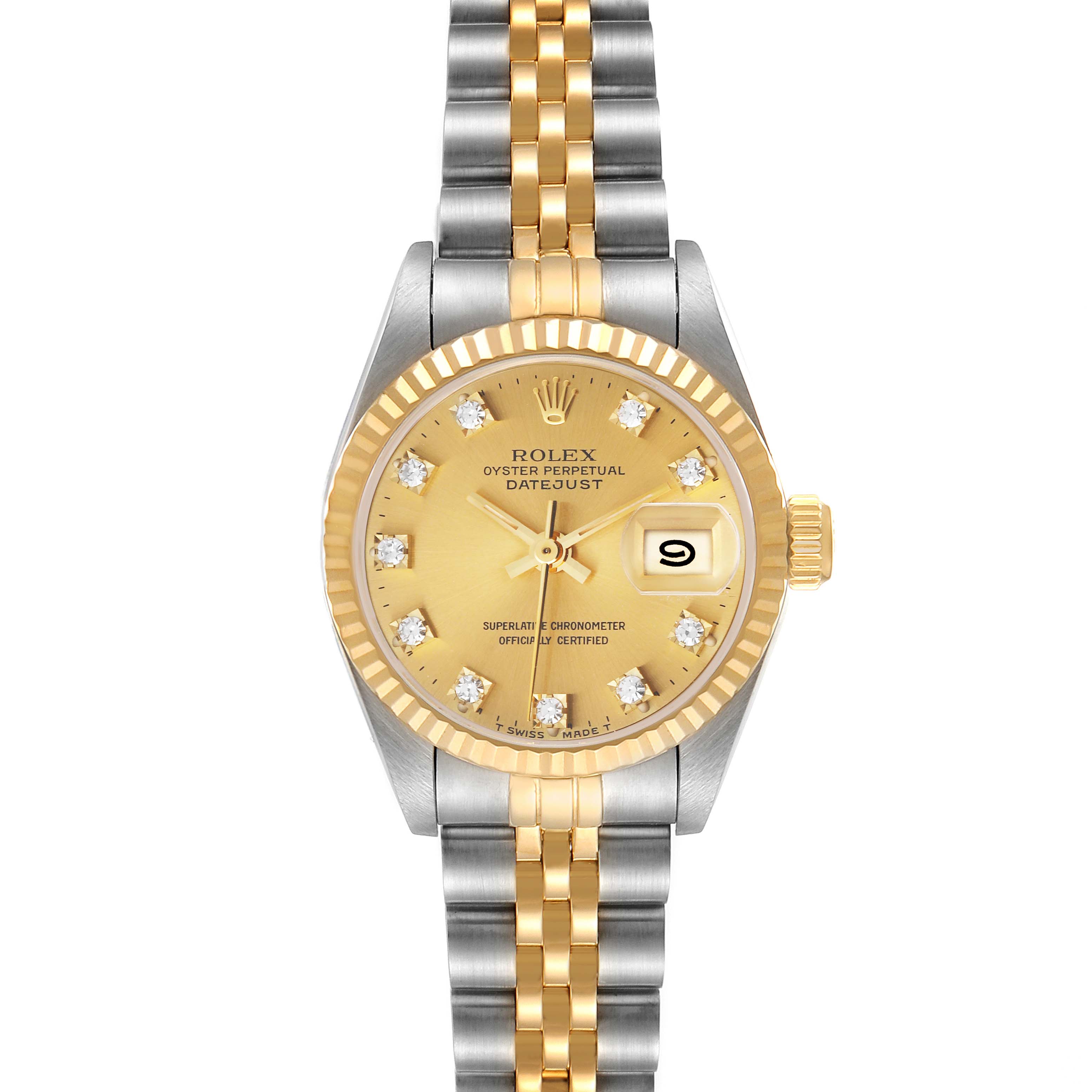 This image shows a Rolex Datejust 69173 Women's Steel and Gold (two tone) Champagne Dial 69173 Women's Steel and Gold (two tone) Champagne Dial watch with a two-tone bracelet, gold dial, and diamond hour markers viewed from the front.