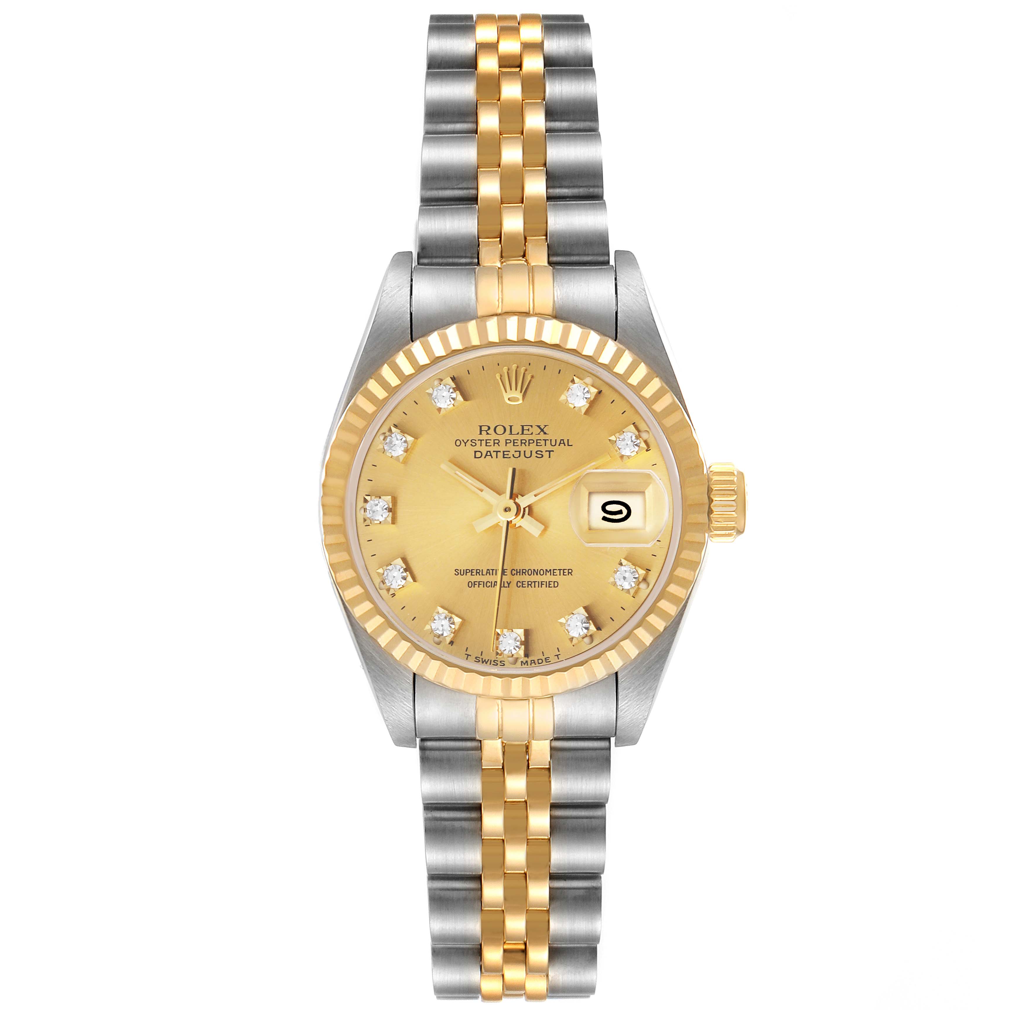 This Rolex Datejust 69173 Women's Steel and Gold (two tone) Champagne Dial 69173 Women's Steel and Gold (two tone) Champagne Dial watch is shown from a front view, displaying its two-tone bracelet, fluted bezel, and date window on the dial.