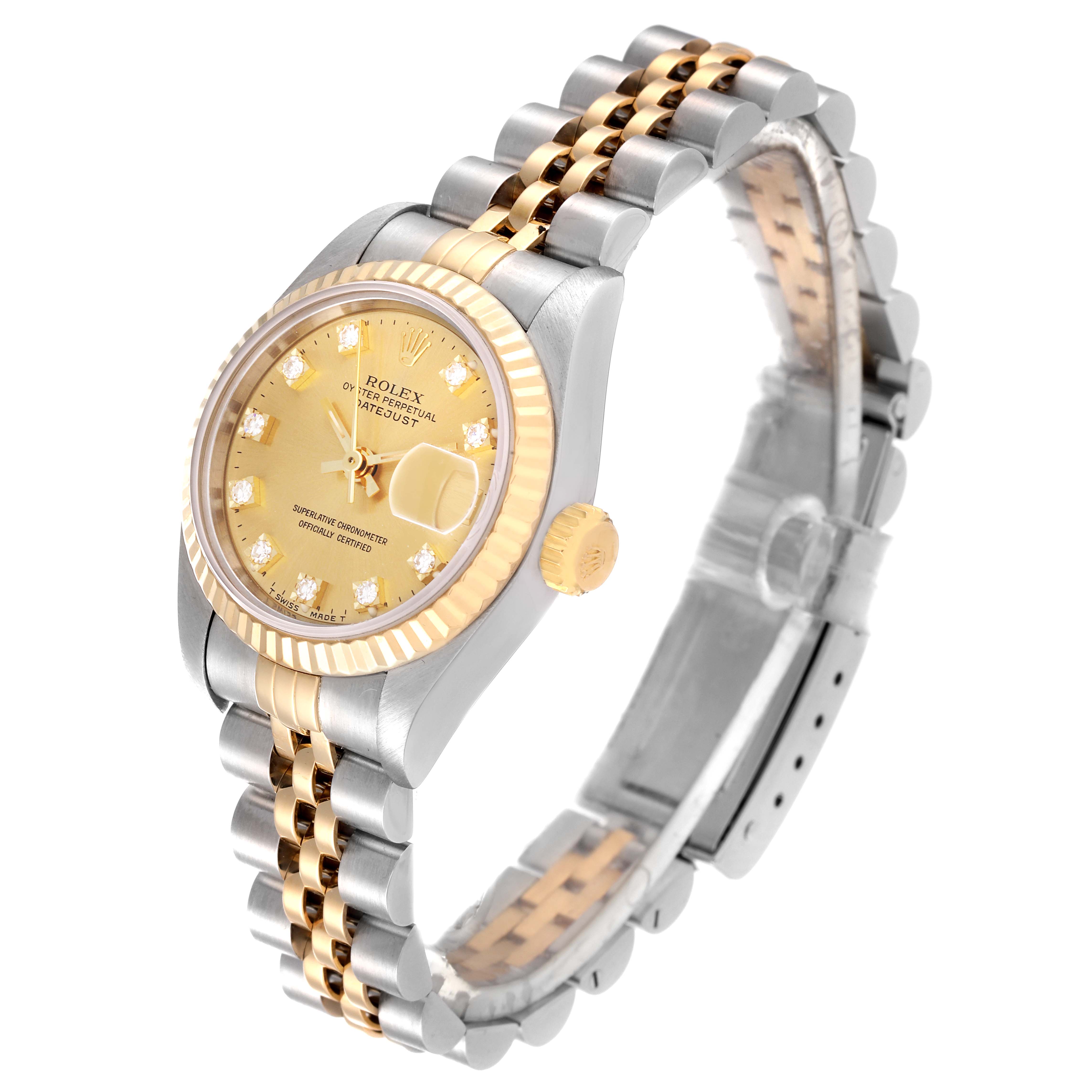 The image shows a Rolex Datejust 69173 Women's Steel and Gold (two tone) Champagne Dial 69173 Women's Steel and Gold (two tone) Champagne Dial watch at a three-quarter angle, displaying the face, bezel, crown, and bracelet.