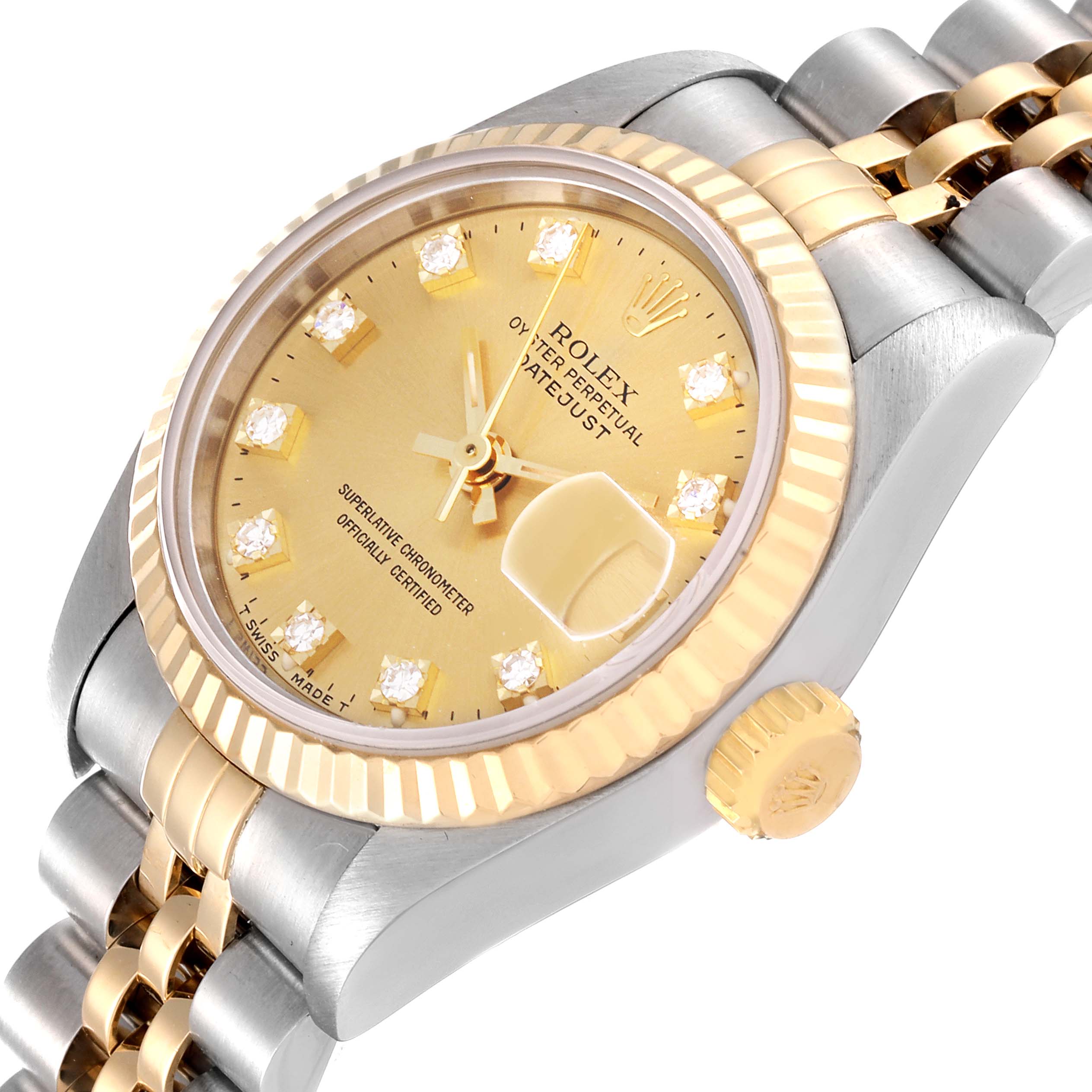 The image shows a close-up angle of the Rolex Datejust 69173 Women's Steel and Gold (two tone) Champagne Dial 69173 Women's Steel and Gold (two tone) Champagne Dial watch, highlighting its gold and silver case, dial, bezel, and crown.
