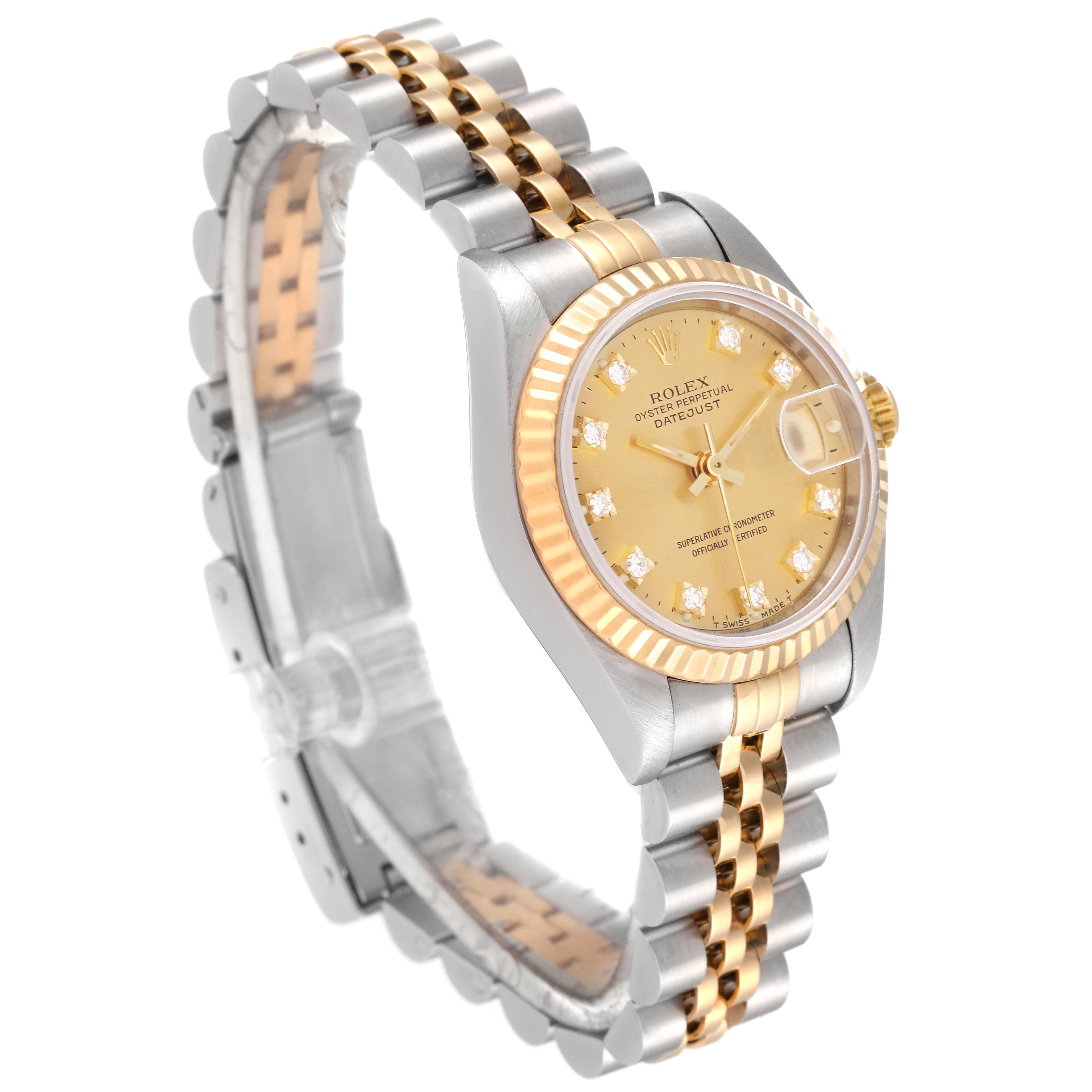 The Rolex Datejust 69173 Women's Steel and Gold (two tone) Champagne Dial 69173 Women's Steel and Gold (two tone) Champagne Dial watch is shown at a three-quarter angle, displaying the dial, bezel, and two-tone bracelet.