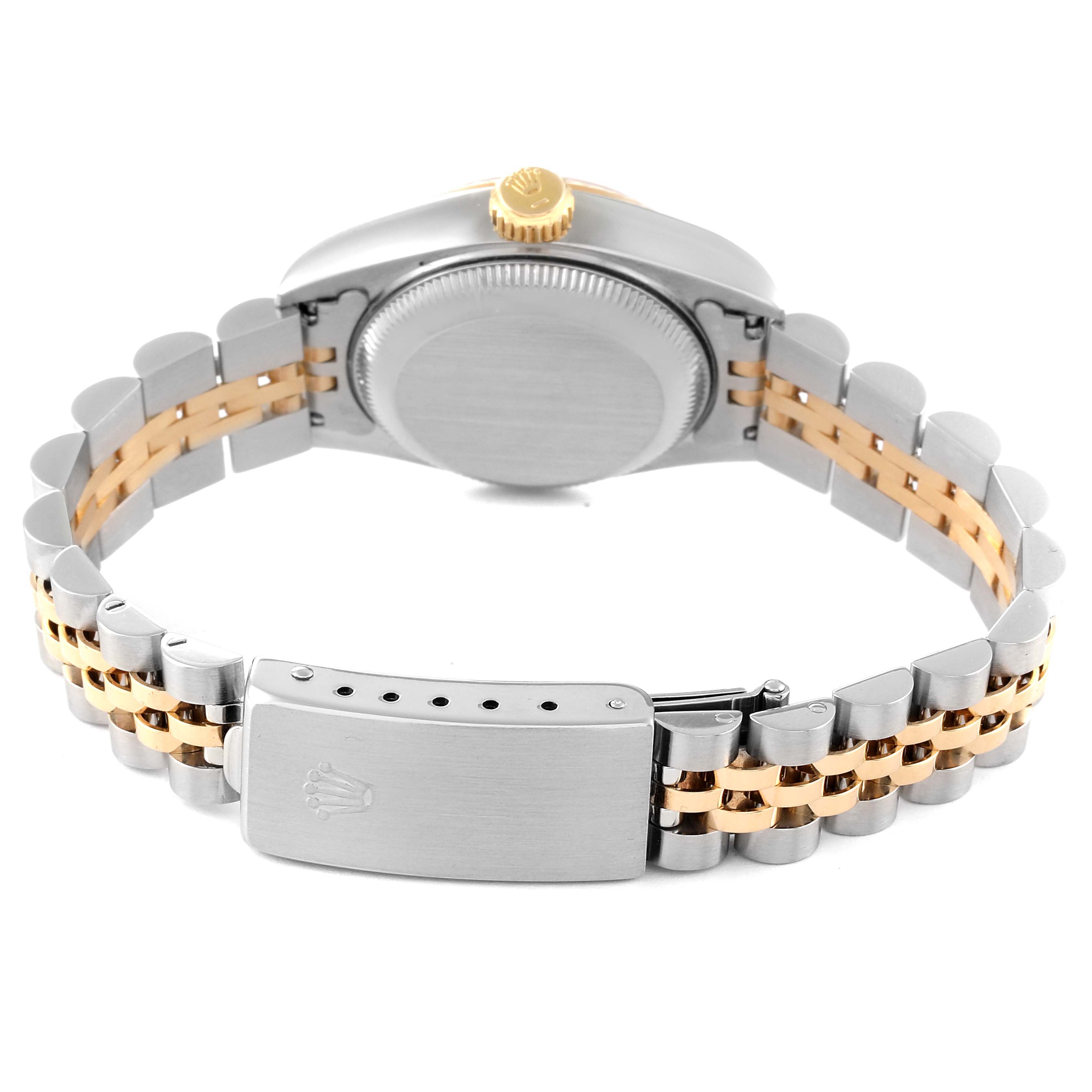 This image shows the back view of a Rolex Datejust 69173 Women's Steel and Gold (two tone) Champagne Dial 69173 Women's Steel and Gold (two tone) Champagne Dial watch, highlighting its case back and two-tone bracelet with clasp.