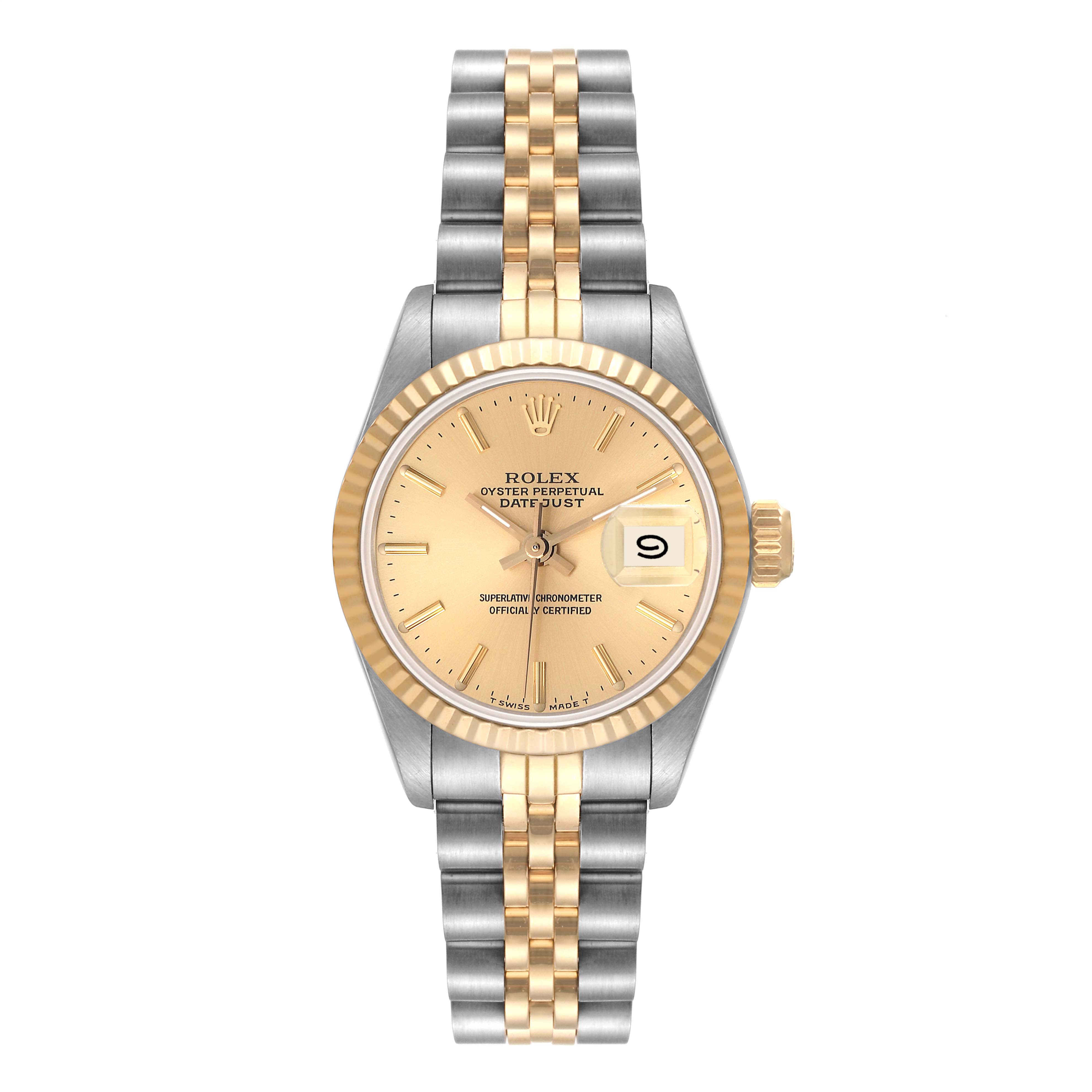 This image shows a Rolex Datejust 69173 Women's Steel and Gold (two tone) Champagne Dial 69173 Women's Steel and Gold (two tone) Champagne Dial watch from a front angle, highlighting its face, bezel, and a two-tone bracelet.