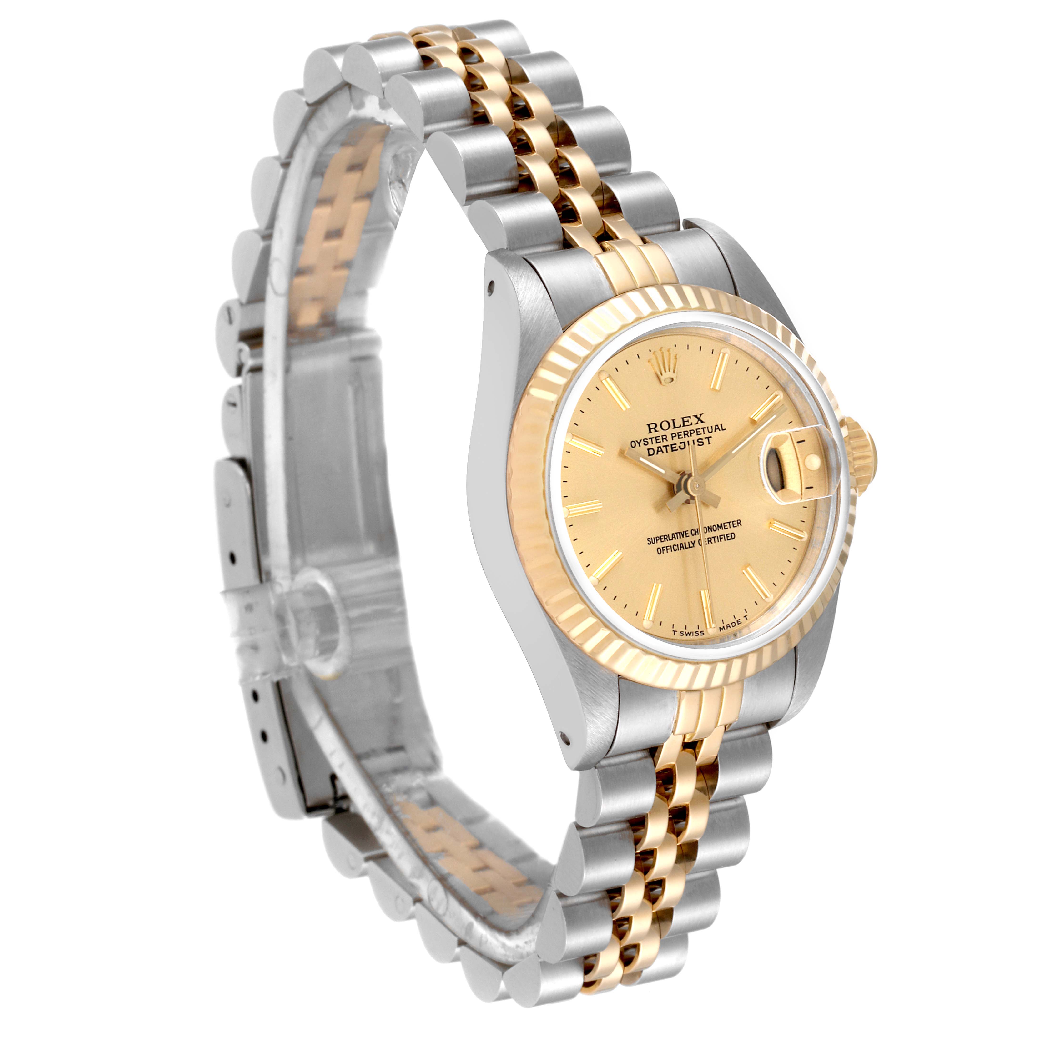 The image shows the Rolex Datejust 69173 Women's Steel and Gold (two tone) Champagne Dial 69173 Women's Steel and Gold (two tone) Champagne Dial watch at an angled side view, displaying the dial, bezel, and bracelet.