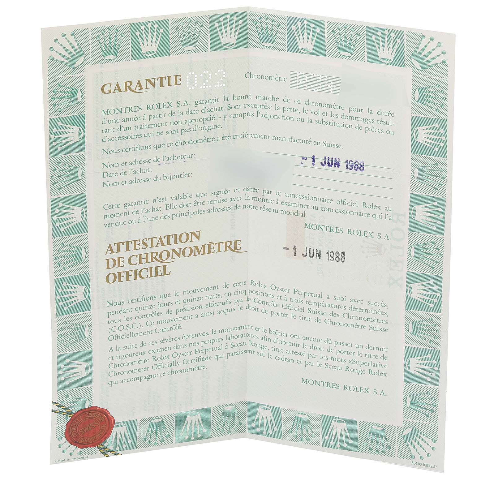 The image shows an official warranty card for the Rolex Datejust 69173 Women's Steel and Gold (two tone) Champagne Dial 69173 Women's Steel and Gold (two tone) Champagne Dial watch, dated June 1, 1988.