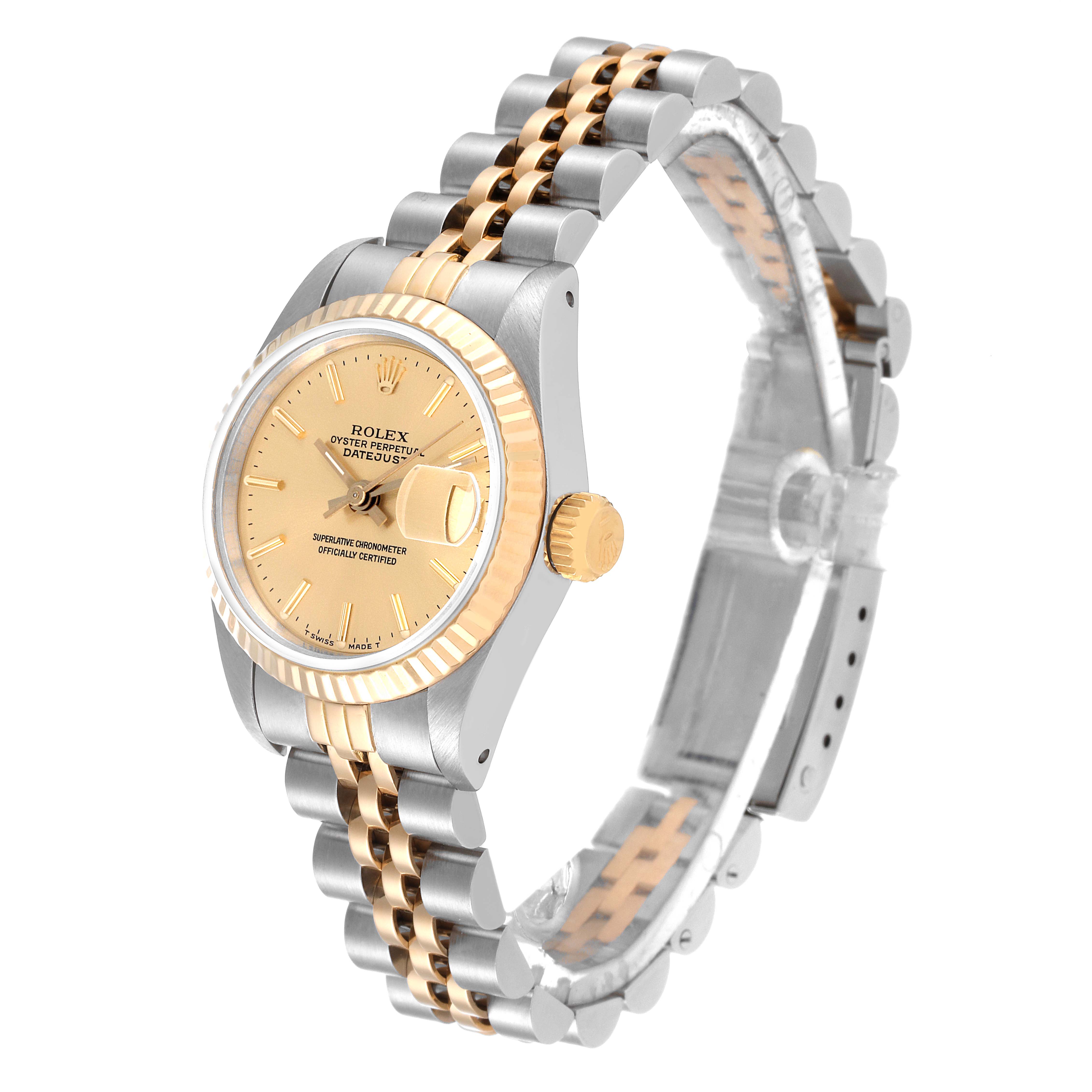 The image shows a side-angle view of the Rolex Datejust 69173 Women's Steel and Gold (two tone) Champagne Dial 69173 Women's Steel and Gold (two tone) Champagne Dial watch, highlighting the dial, crown, bezel, and part of the bracelet.
