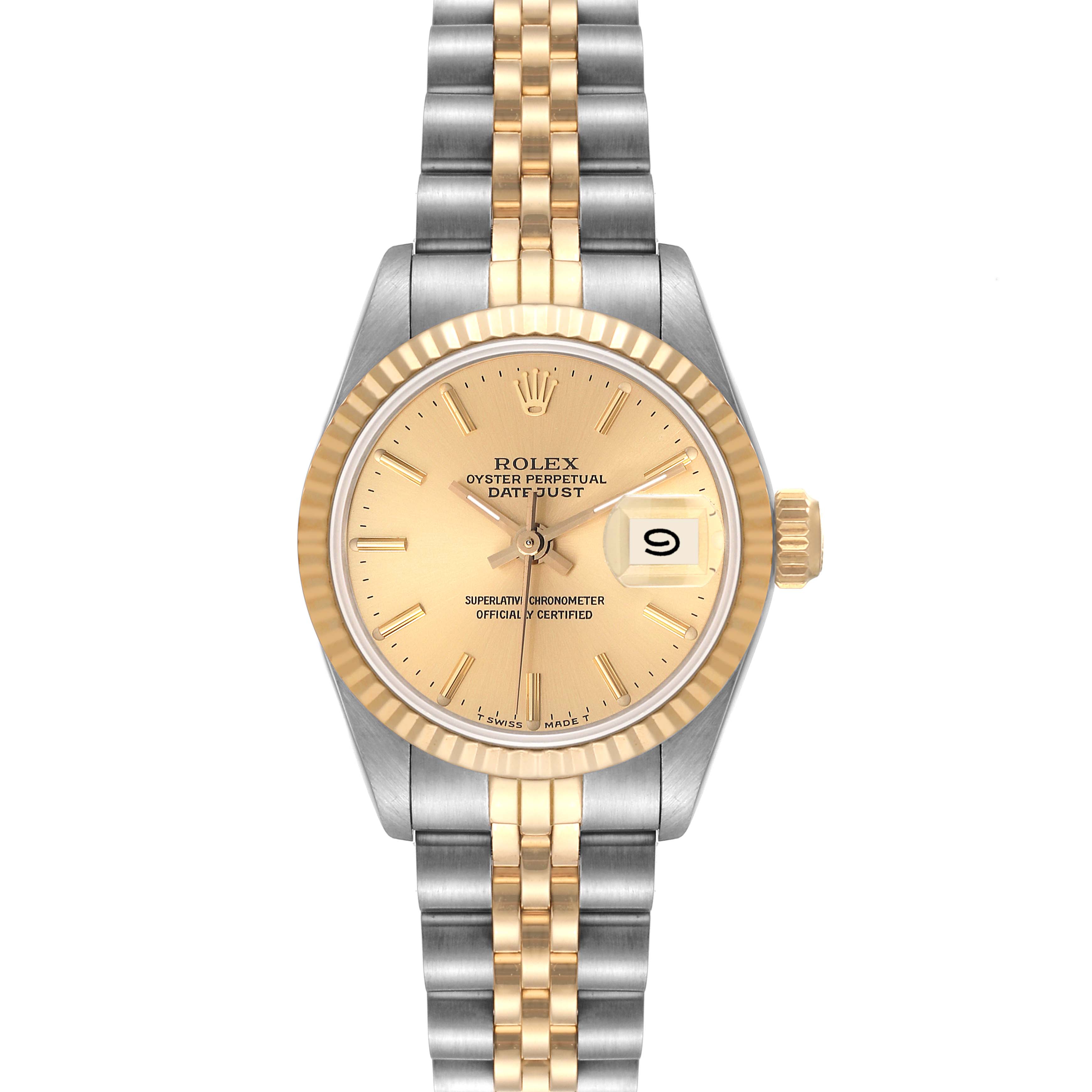 The image shows a front view of a Rolex Datejust 69173 Women's Steel and Gold (two tone) Champagne Dial 69173 Women's Steel and Gold (two tone) Champagne Dial watch featuring a gold bezel, champagne dial, and two-tone bracelet.