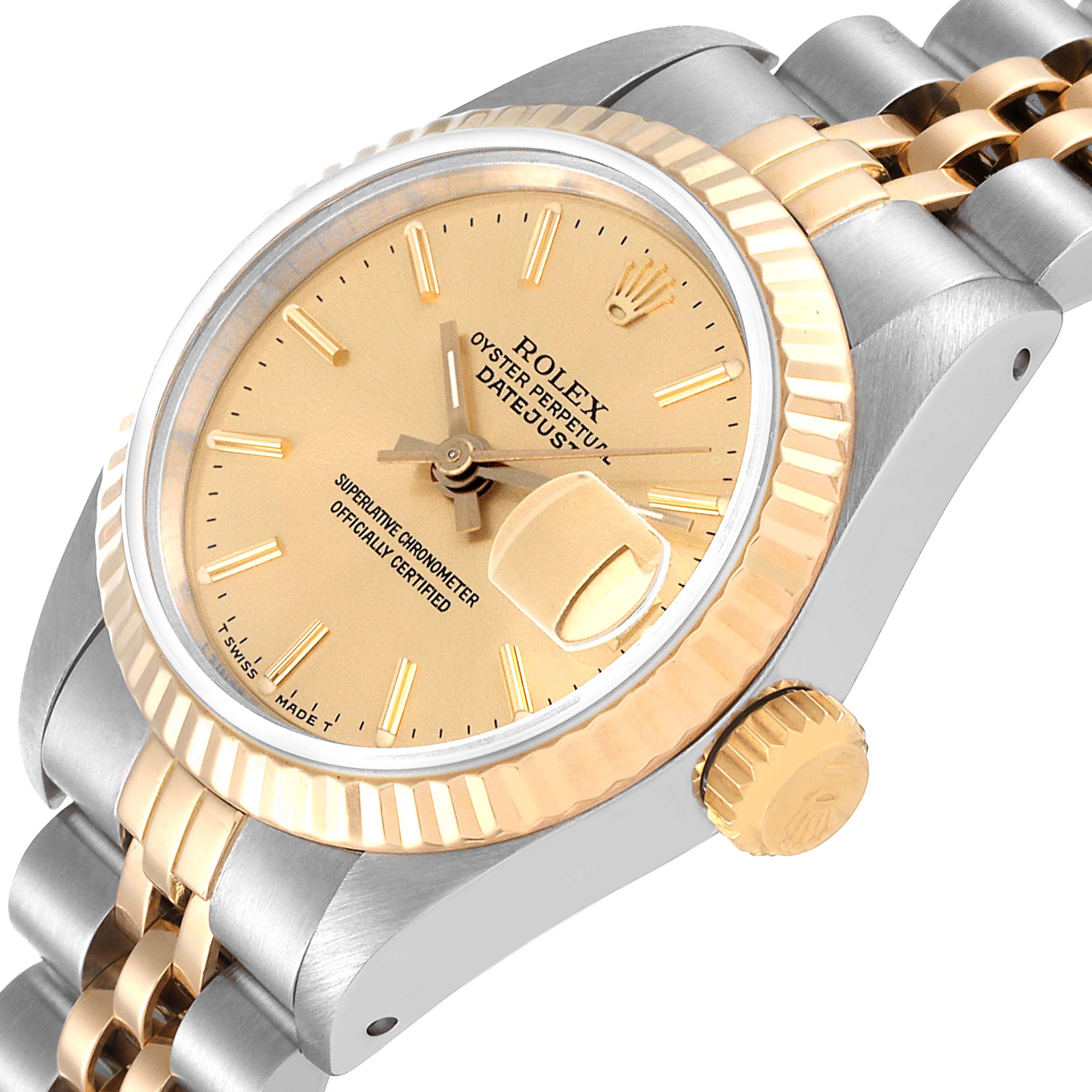 The image shows a close-up angle of a Rolex Datejust 69173 Women's Steel and Gold (two tone) Champagne Dial 69173 Women's Steel and Gold (two tone) Champagne Dial watch, highlighting the dial, bezel, crown, and part of the bracelet.