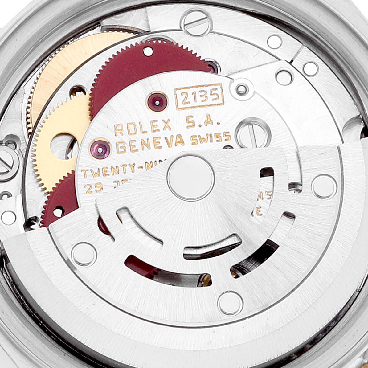 This image shows a close-up of the Rolex Datejust 69173 Women's Steel and Gold (two tone) Champagne Dial 69173 Women's Steel and Gold (two tone) Champagne Dial model's movement and internal gears from a top-down view.
