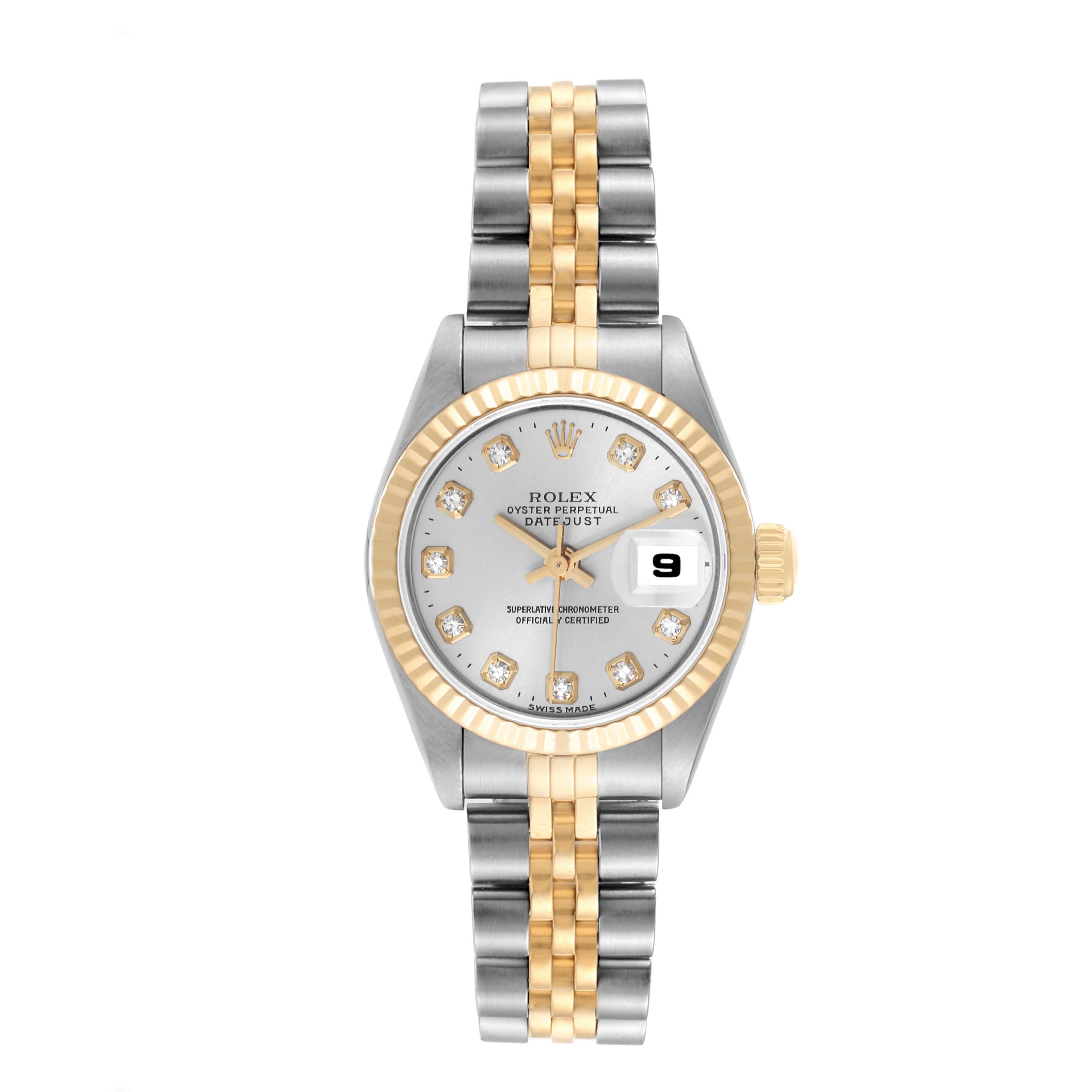 This image shows a front view of a Rolex Datejust 69173 Women's Steel and Gold (two tone) Silver Dial 69173 Women's Steel and Gold (two tone) Silver Dial watch, highlighting its dial, bezel, crown, and two-tone bracelet.