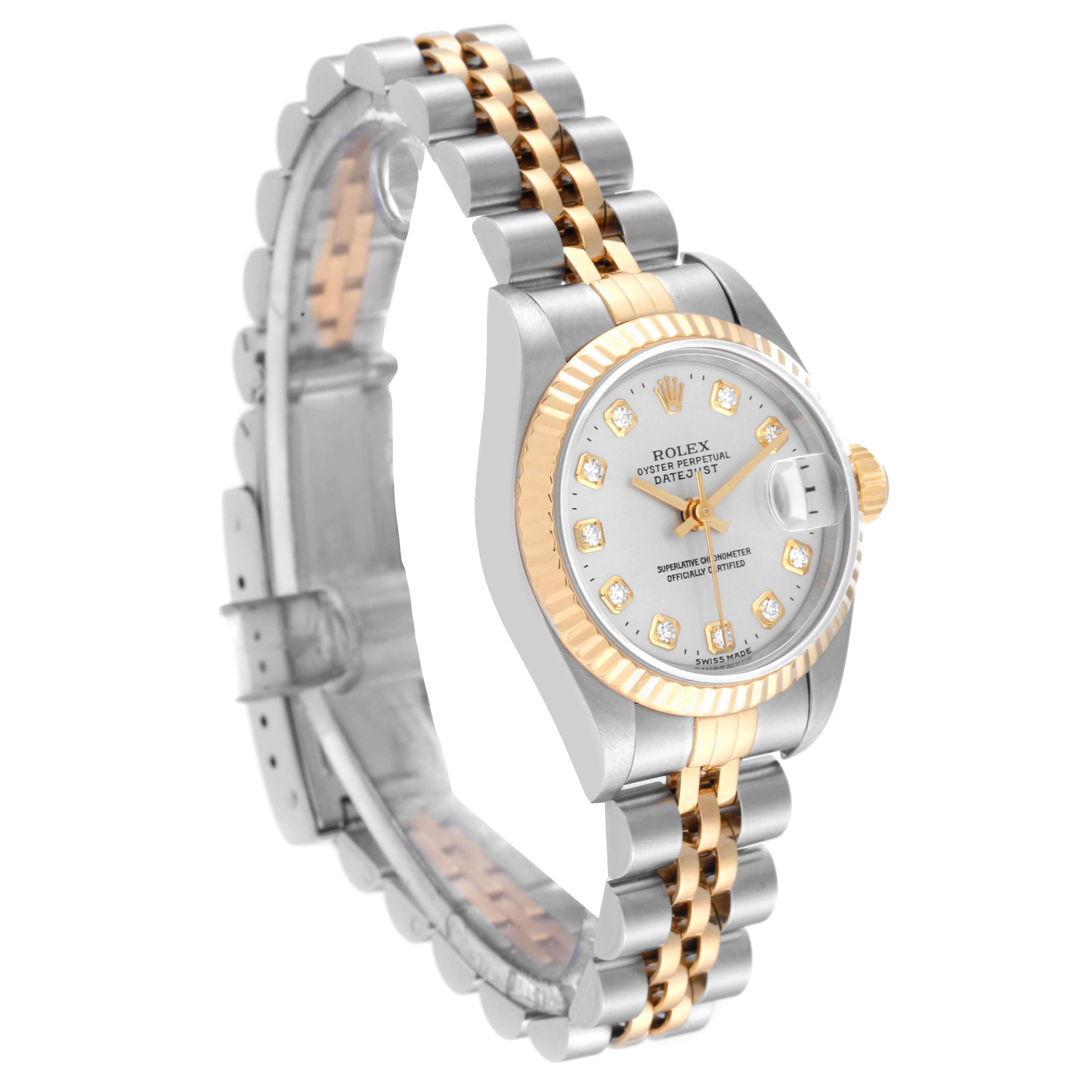 This image shows a side and partial front angle of a Rolex Datejust 69173 Women's Steel and Gold (two tone) Silver Dial 69173 Women's Steel and Gold (two tone) Silver Dial watch, displaying its two-tone bracelet and diamond-accented dial.