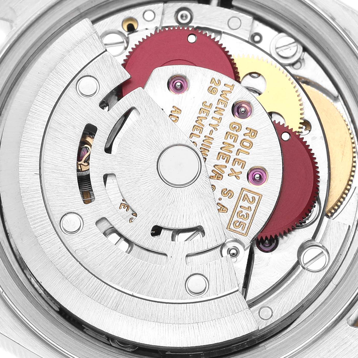 This is a close-up view of the movement mechanism inside a Rolex Datejust 69173 Women's Steel and Gold (two tone) Silver Dial 69173 Women's Steel and Gold (two tone) Silver Dial watch, showcasing its intricate components.