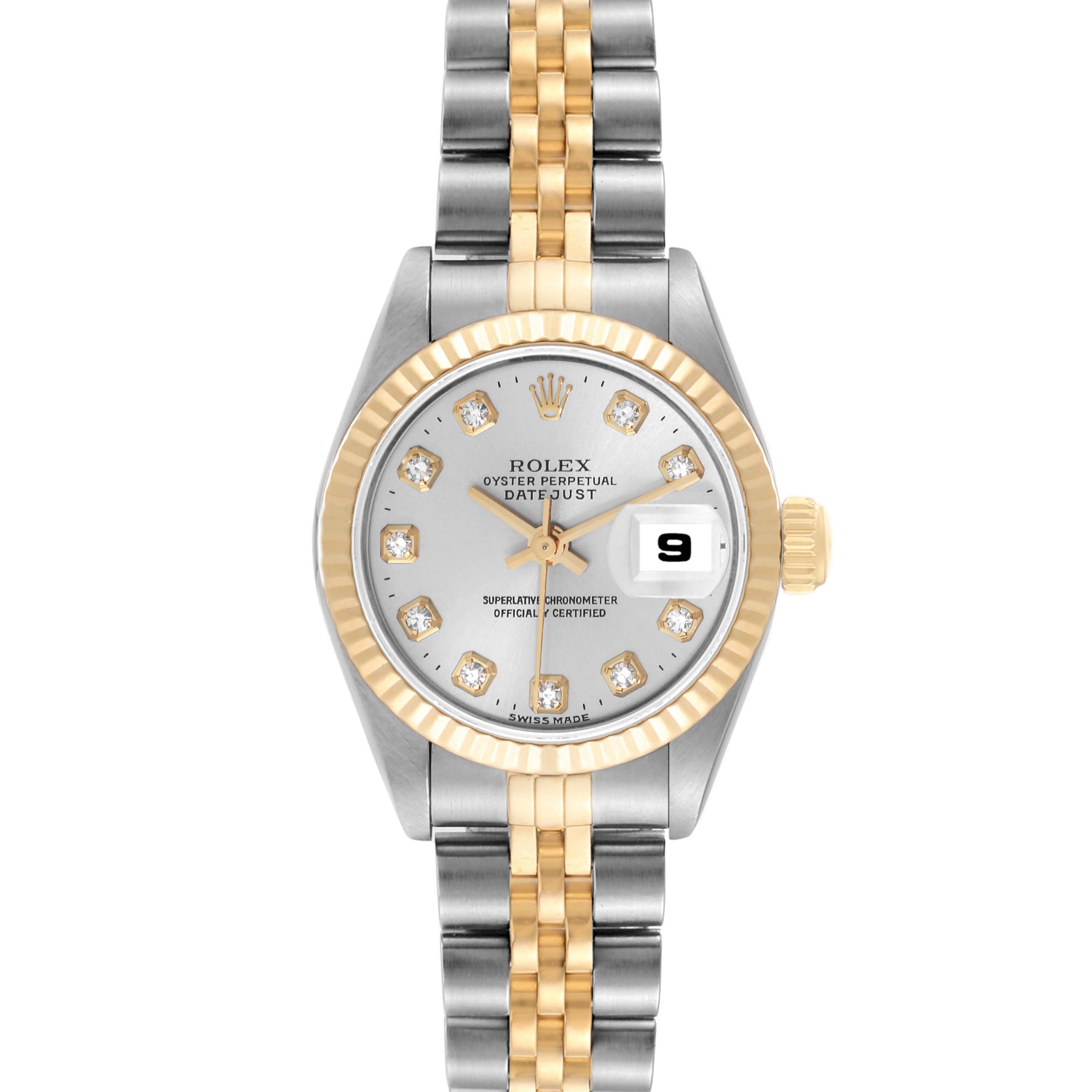 This image shows a Rolex Datejust 69173 Women's Steel and Gold (two tone) Silver Dial 69173 Women's Steel and Gold (two tone) Silver Dial watch from a top-down angle, featuring its two-tone bracelet, dial, and fluted bezel.
