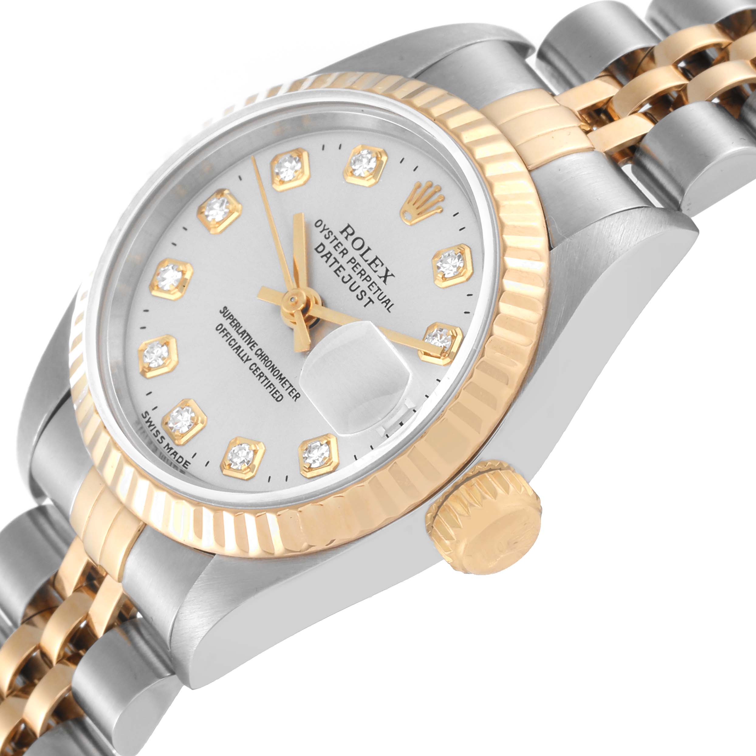 The image shows a close-up of the Rolex Datejust 69173 Women's Steel and Gold (two tone) Silver Dial 69173 Women's Steel and Gold (two tone) Silver Dial watch at an angle, highlighting the dial, bezel, crown, and part of the bracelet.