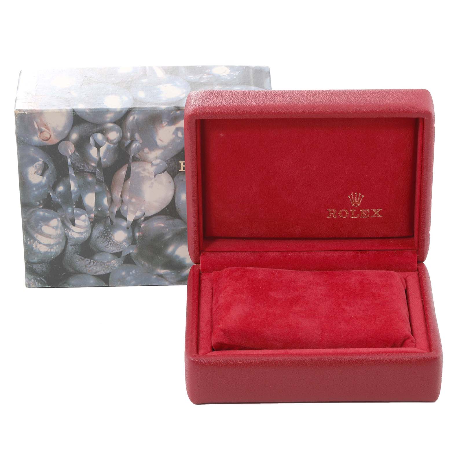 The image shows a Rolex Datejust 69173 Women's Steel and Gold (two tone) Silver Dial 69173 Women's Steel and Gold (two tone) Silver Dial watch box and display case with a pillow inside, viewed from the front.