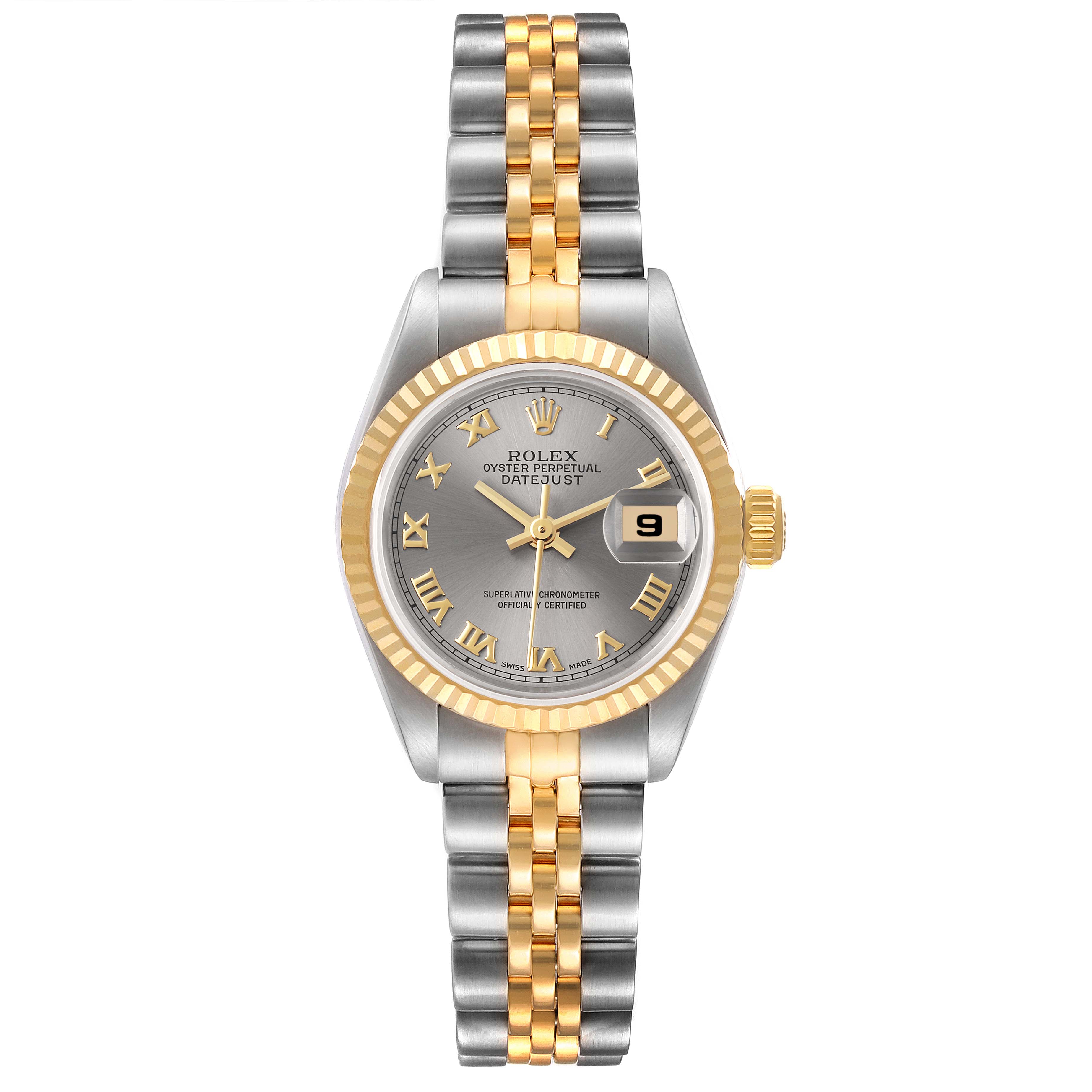 The image shows a Rolex Datejust 69173 Women's Steel and Gold (two tone) Grey Dial 69173 Women's Steel and Gold (two tone) Grey Dial watch from the front, displaying its face, two-tone bracelet, and fluted bezel.