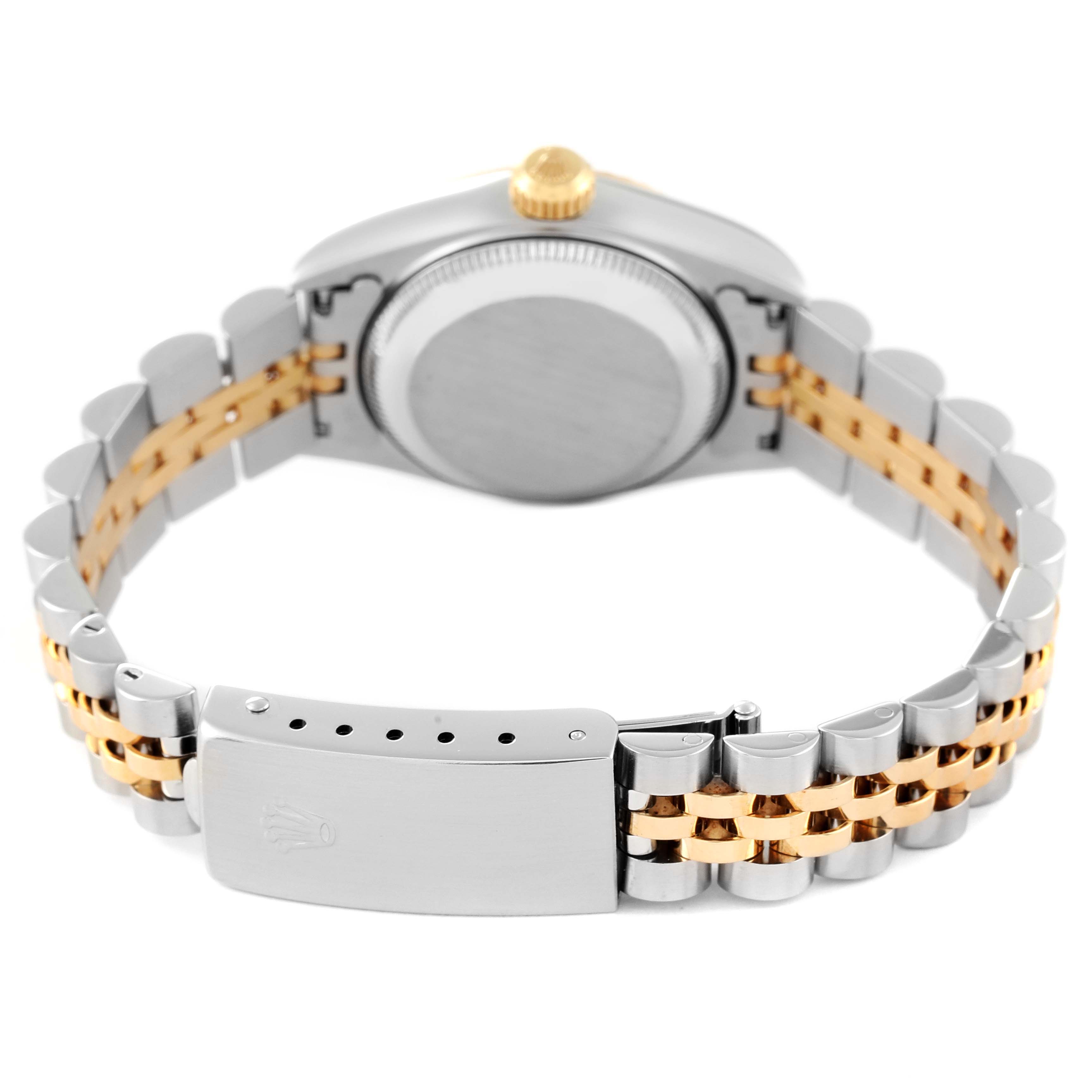 The image shows the back view of the Rolex Datejust 69173 Women's Steel and Gold (two tone) Grey Dial 69173 Women's Steel and Gold (two tone) Grey Dial watch, highlighting its case back, crown, and two-tone bracelet with clasp.