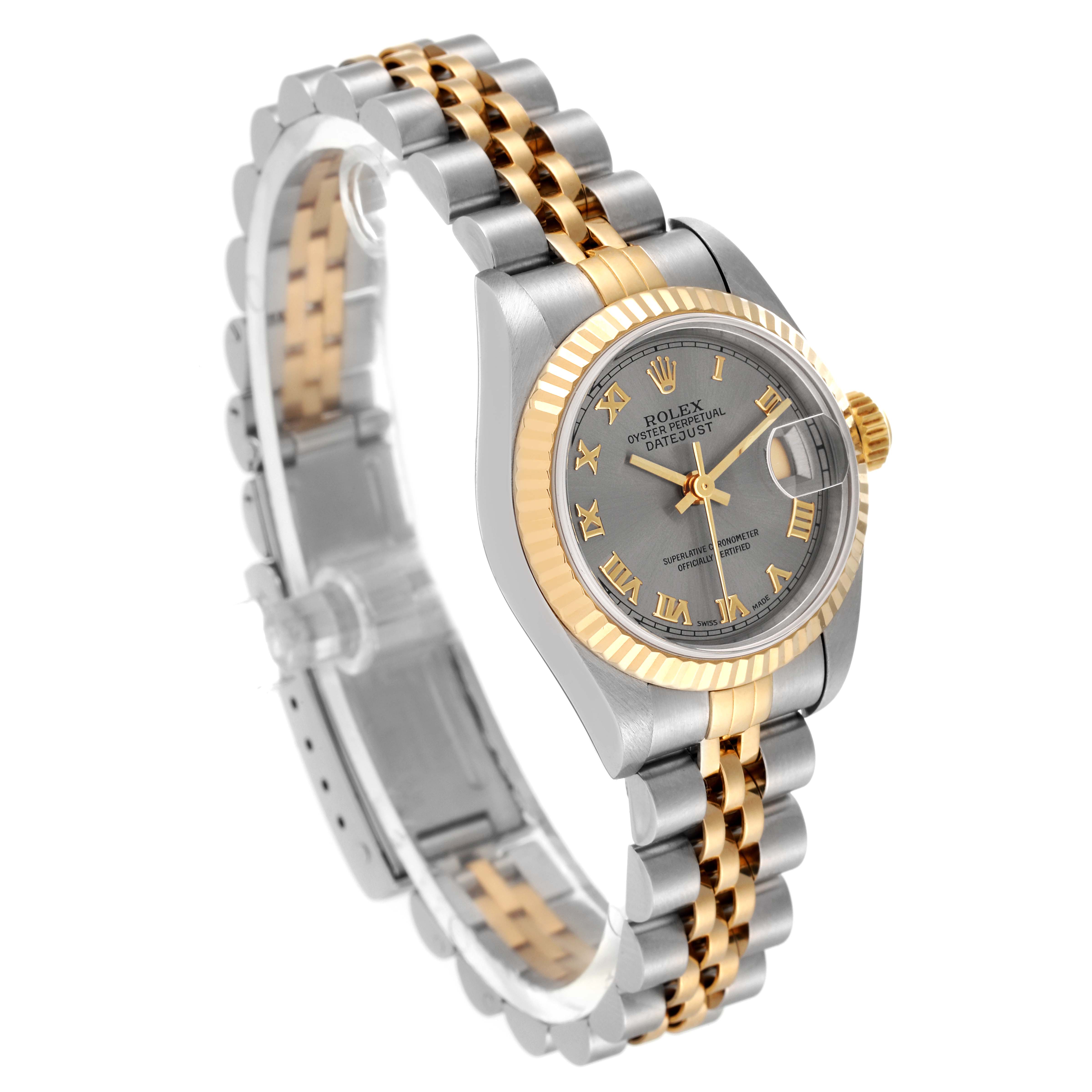 This image shows a Rolex Datejust 69173 Women's Steel and Gold (two tone) Grey Dial 69173 Women's Steel and Gold (two tone) Grey Dial watch at a slight angle, highlighting the face, bezel, and two-tone bracelet.