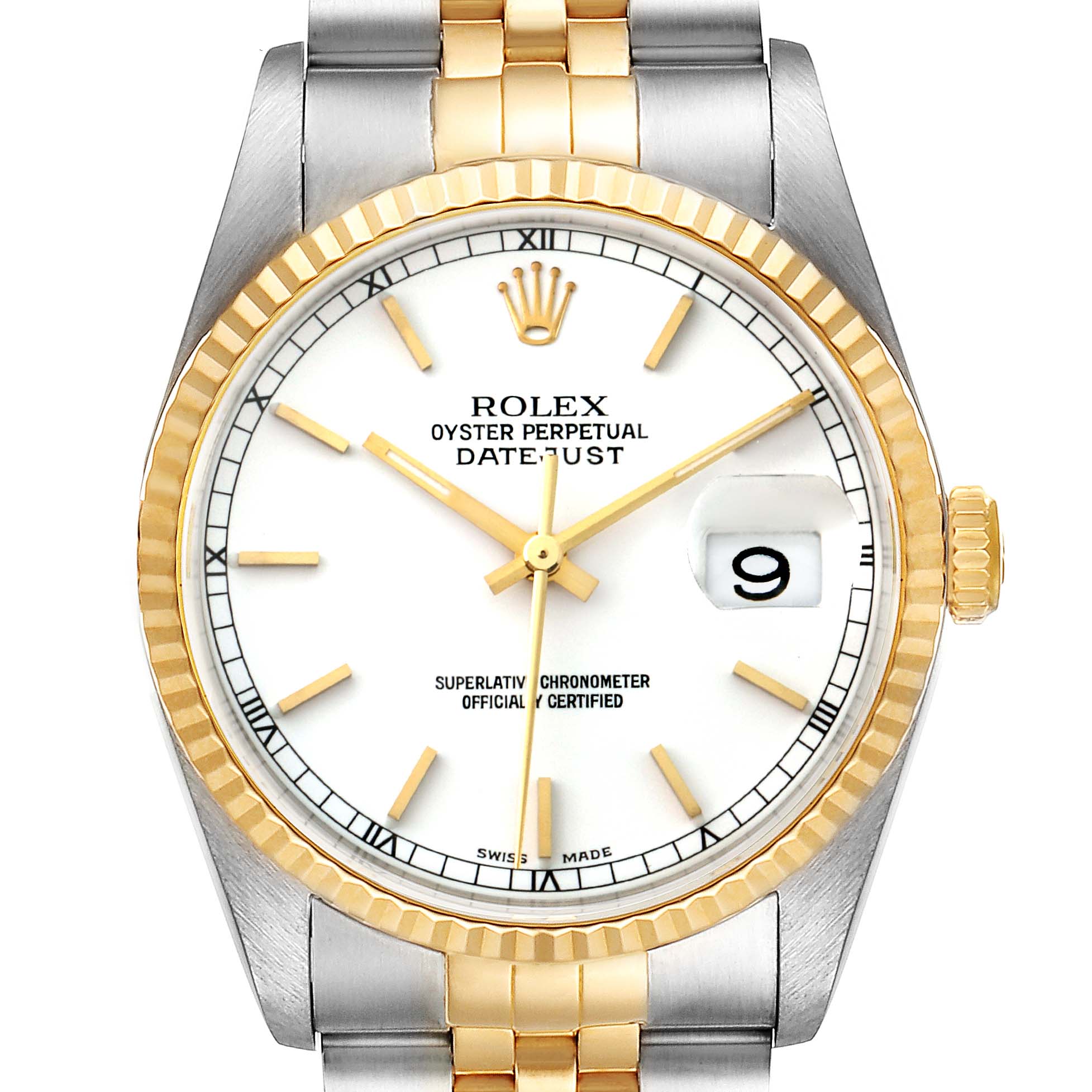 This image shows a front view of a Rolex Datejust 16233 Men's Steel and Gold (two tone) White Dial 16233 Men's Steel and Gold (two tone) White Dial watch featuring its face, bezel, and part of its two-tone bracelet.