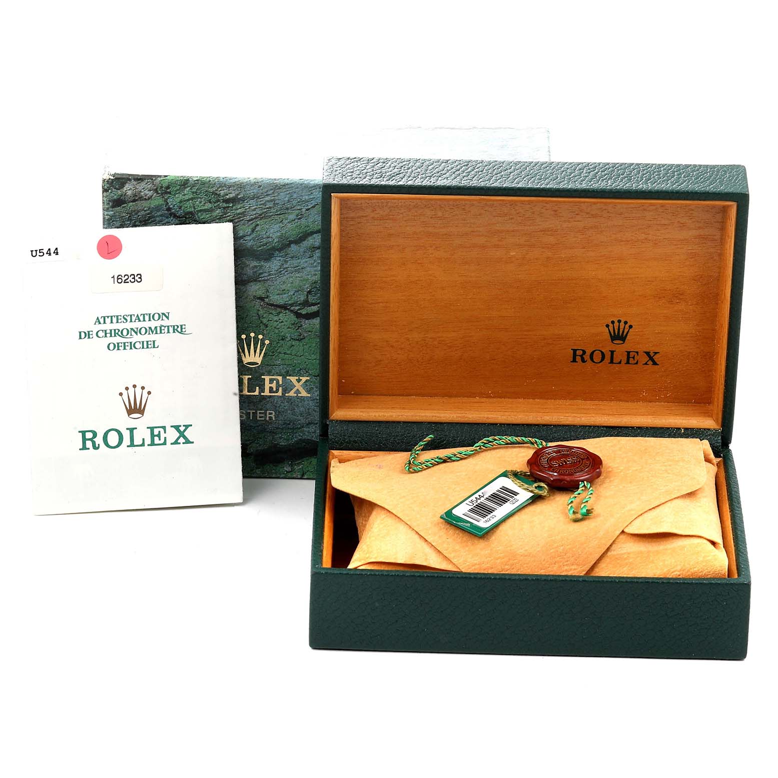 The image shows the open box, manual, tags, and case for a Rolex Datejust 16233 Men's Steel and Gold (two tone) White Dial 16233 Men's Steel and Gold (two tone) White Dial model watch.