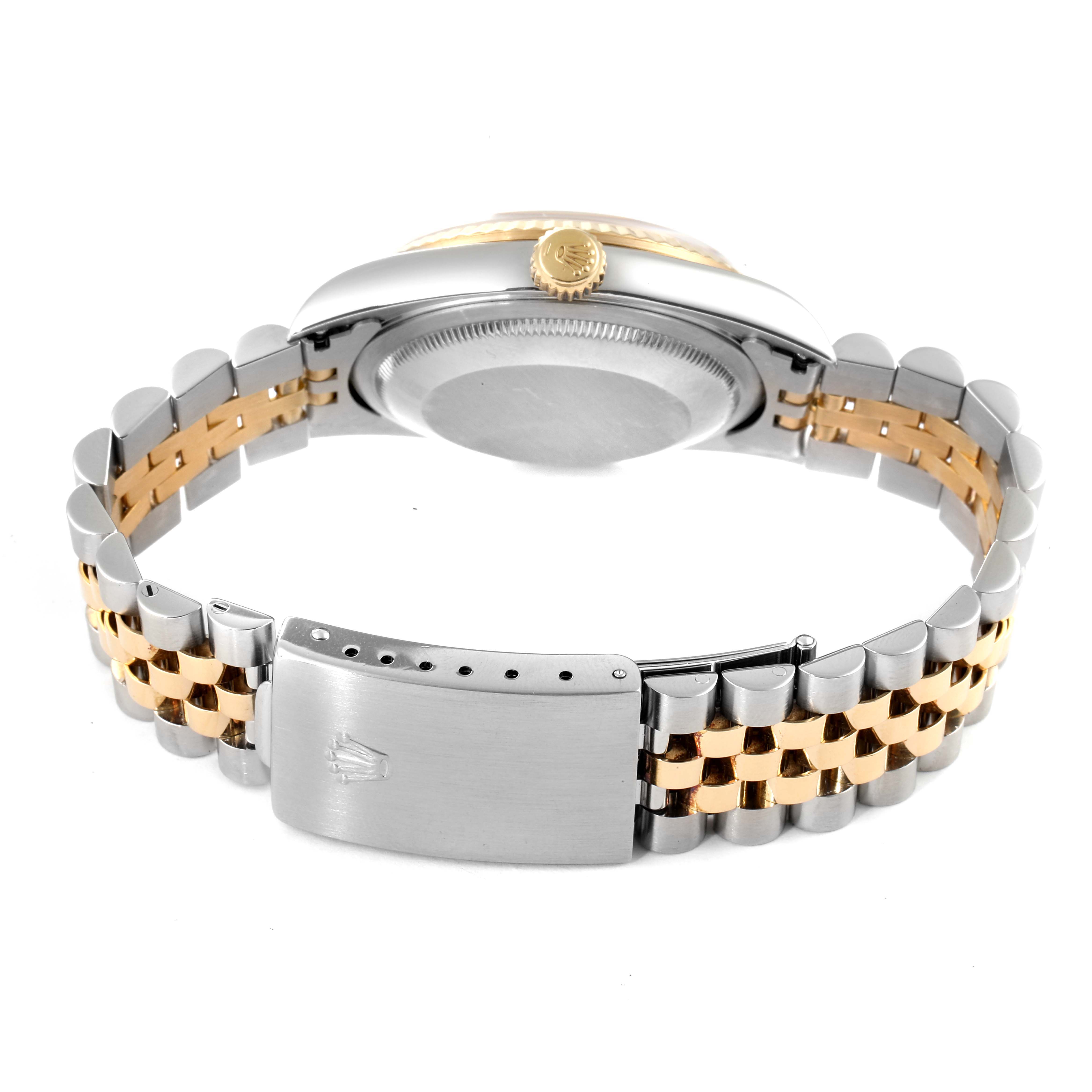 This image shows the back and side view of a Rolex Datejust 16233 Men's Steel and Gold (two tone) White Dial 16233 Men's Steel and Gold (two tone) White Dial watch, focusing on the bracelet and clasp.